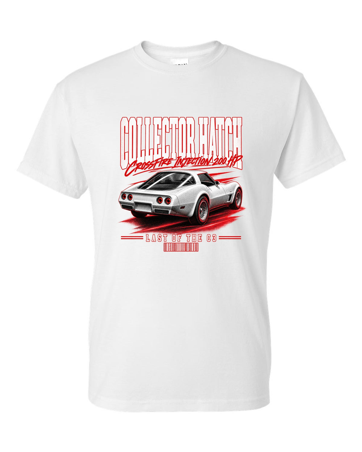 Chevrolet Corvette C3 1982 Collector Edition glass ch street poster print white t-shirt front view with the design