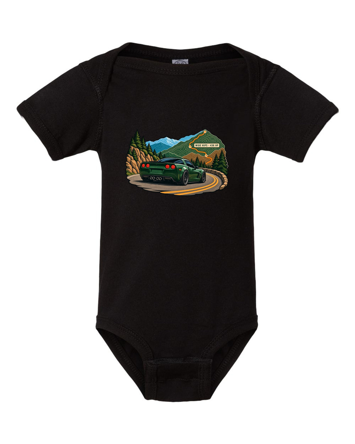 Topographic contour map print of a 2010 Chevrolet Corvette C6 Grand Sport with Wide Hips 436 HP text black baby onesie front view with the design