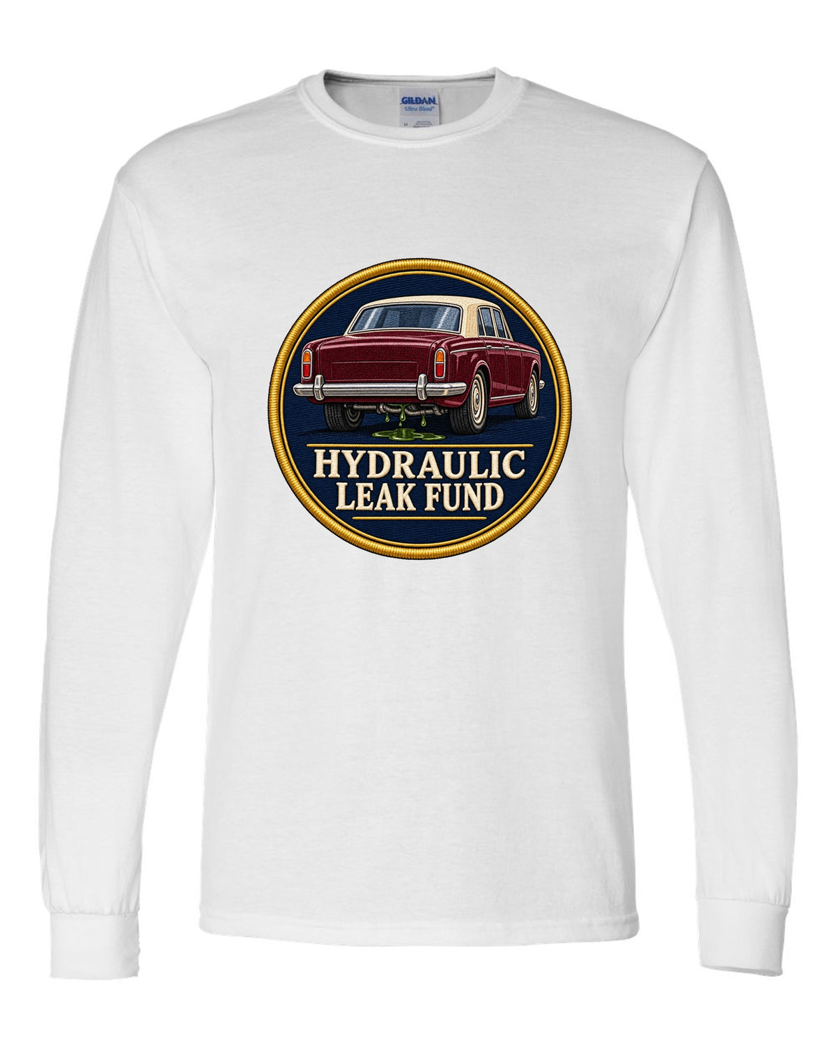 Art Deco line drawing print of a 1952 Bentley R-Type Continental with leak fund lettering white long sleeve front view with the design