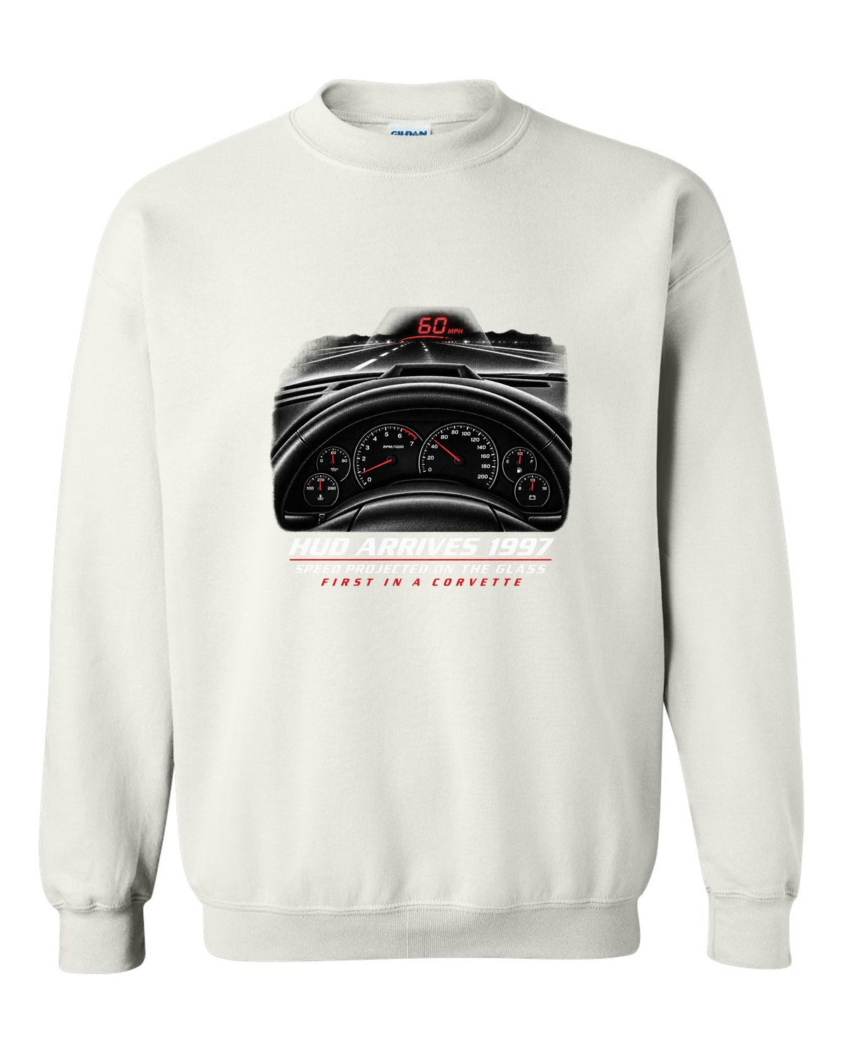 Corvette C5 heads-up display and gauge cluster print white crewneck front view with the design