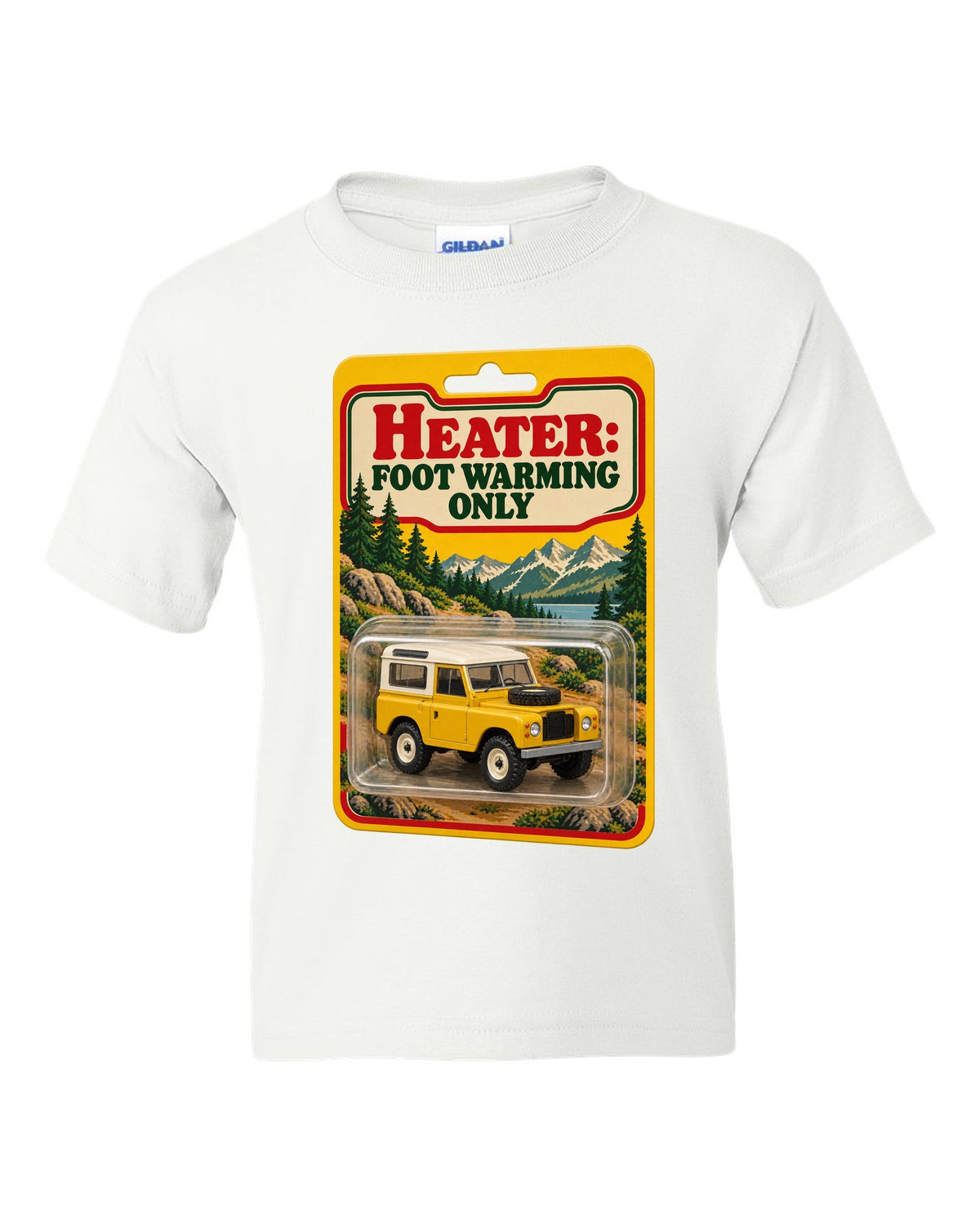 Toy blister card print with a Land Rover Defender 90 and the text Heater Foot Warming Only white kids tee front view with the design