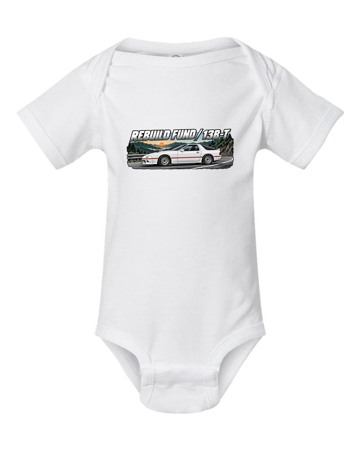 Retro manga ink and screentone illustration of a Mazda RX-7 FC3S white baby onesie front view with the design