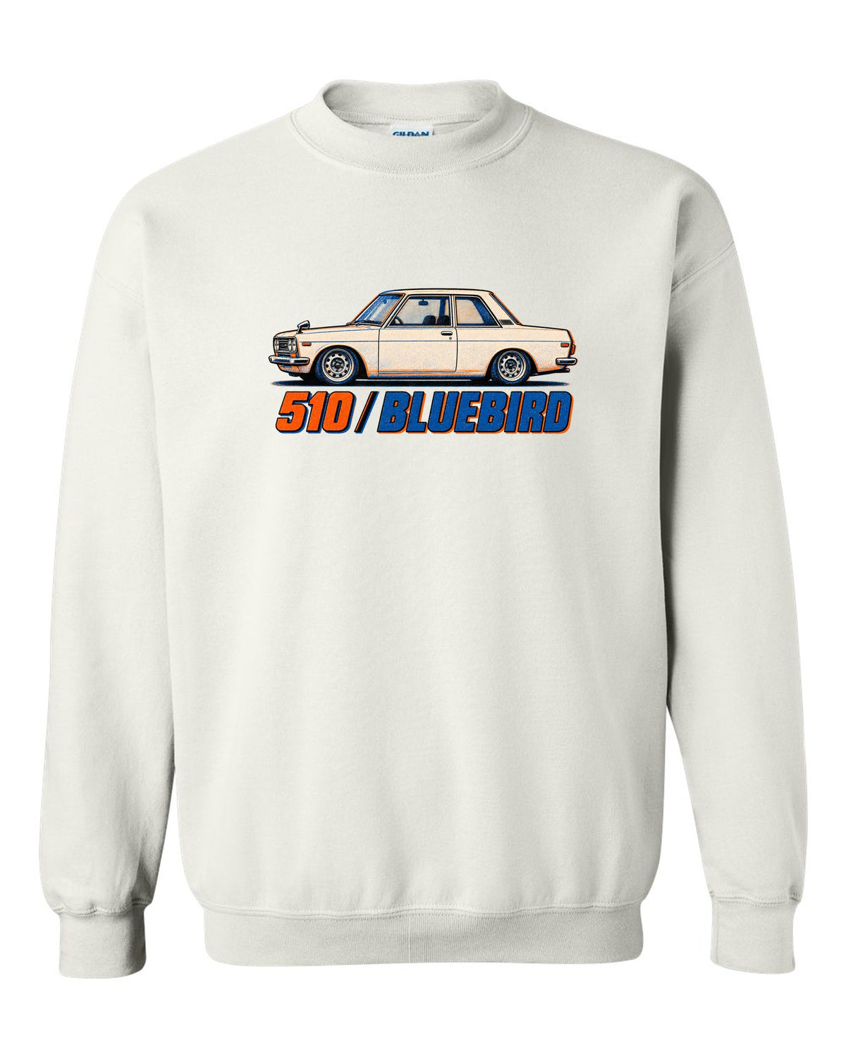 Risograph box print of the Datsun 510 Bluebird with 510 Bluebird lettering white crewneck front view with the design