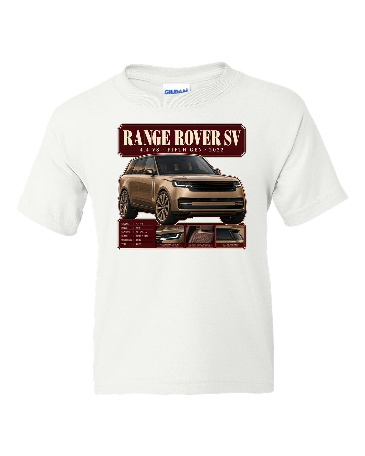 Archive panel print of the Range Rover SV L460 with 4.4 V8 and fifth generation white kids tee front view with the design