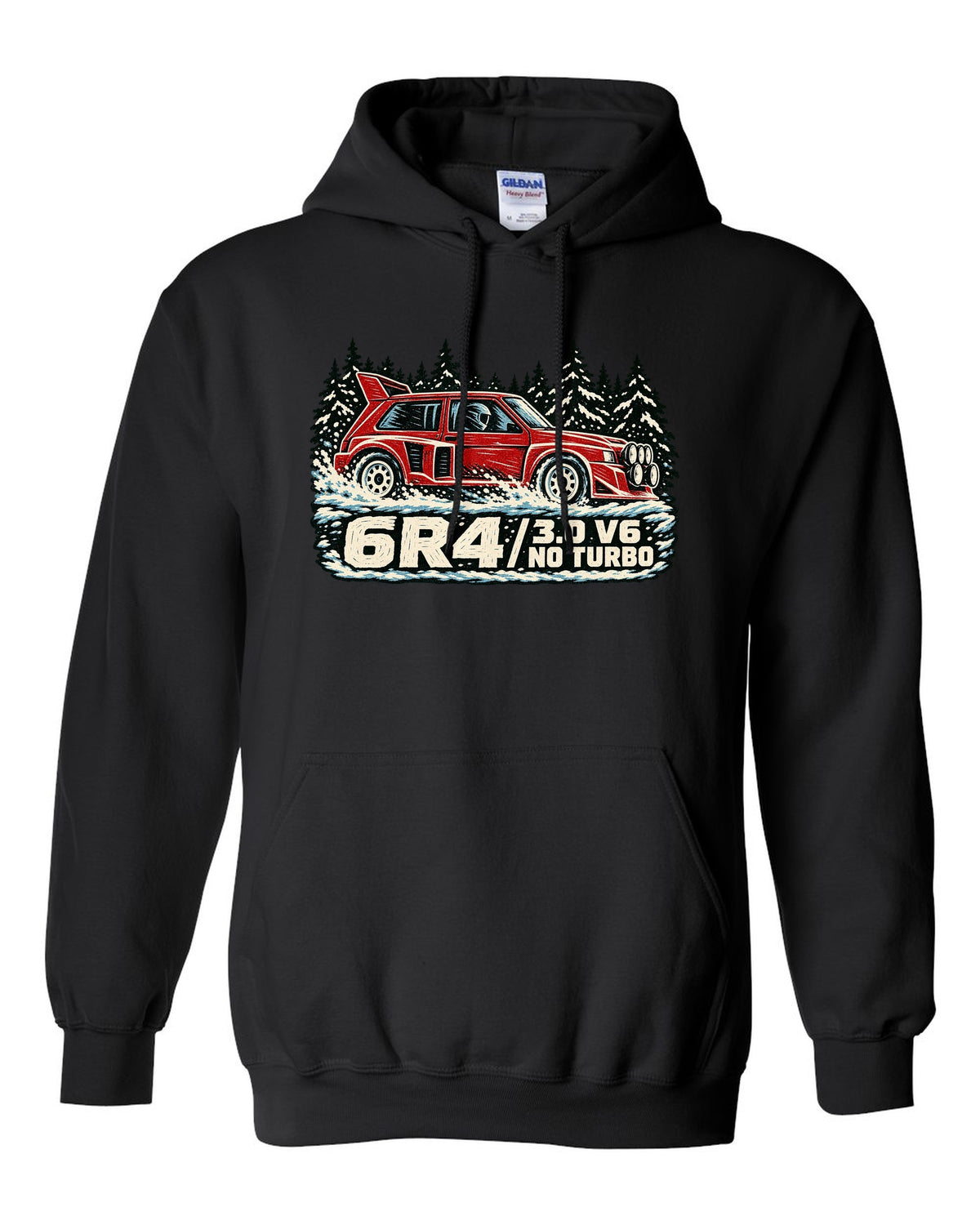 Linocut style print of an MG Metro 6R4 with 3.0 V6 and no turbo lettering black pull over hoodie front view with the design