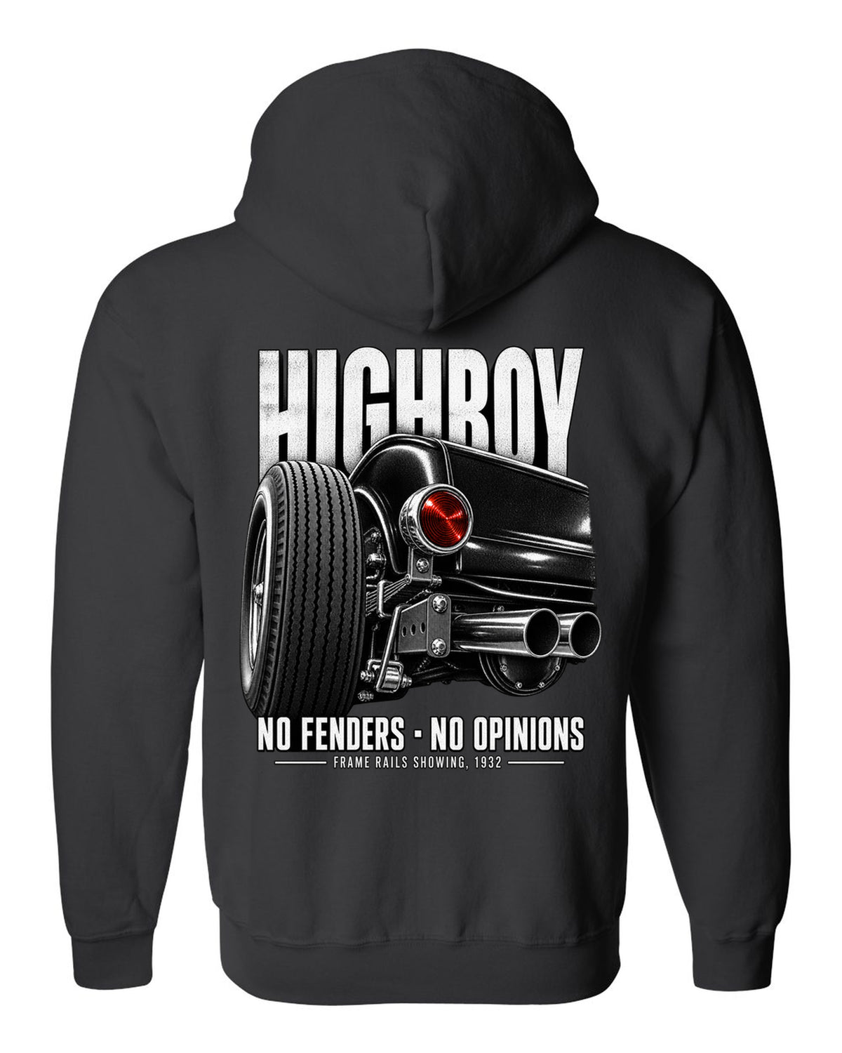 Rear taillight detail print of a 1932 Ford Deuce highboy roadster black zip hoodie back view with the design