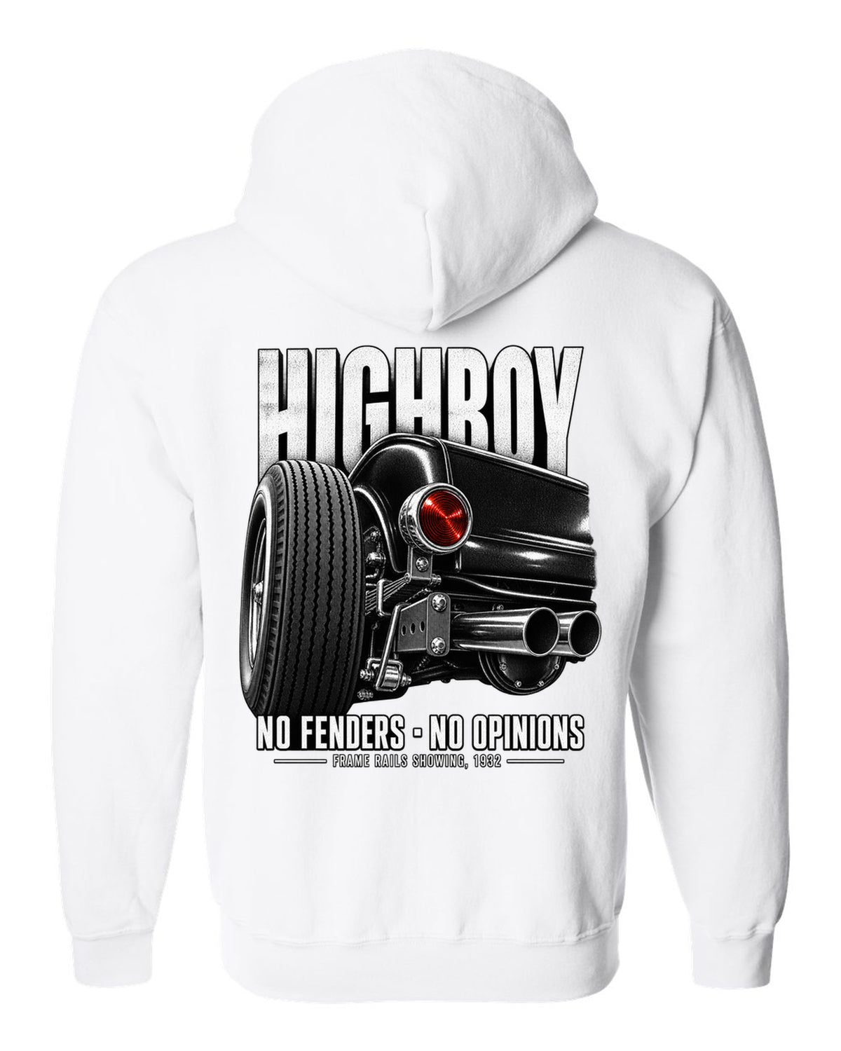 Rear taillight detail print of a 1932 Ford Deuce highboy roadster white zip hoodie back view with the design