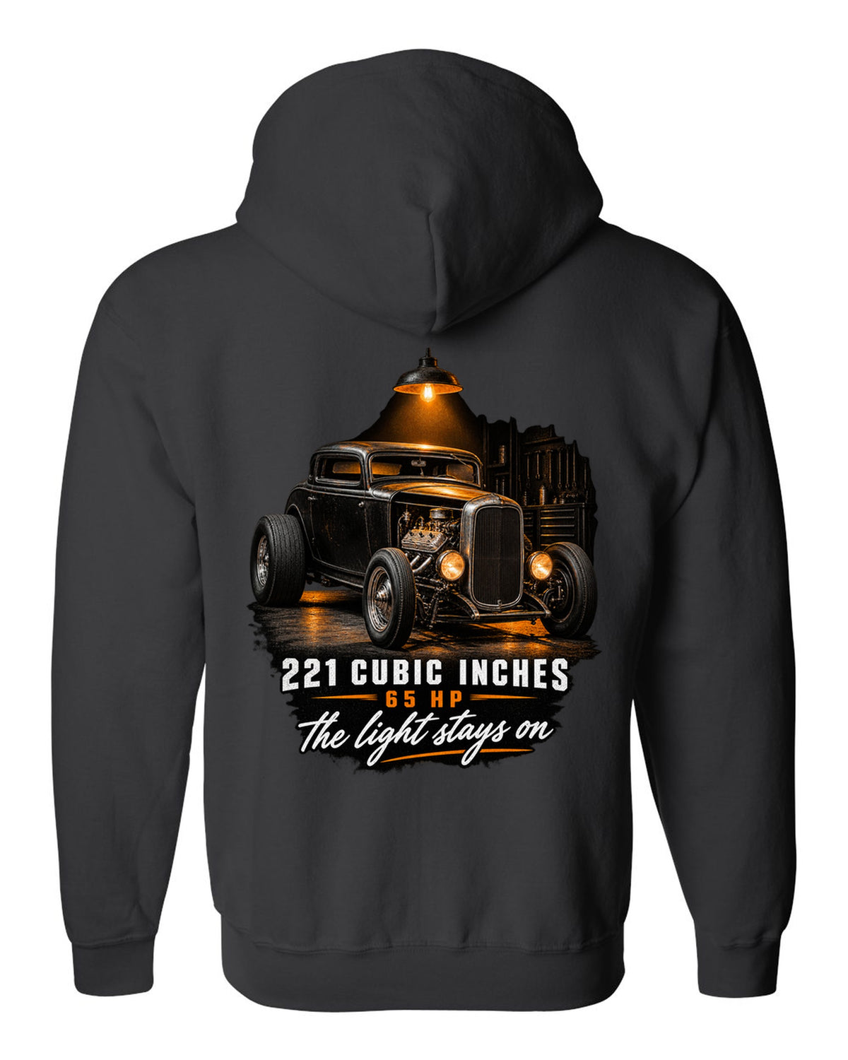Garage night print of a 1932 Ford Deuce three-window coupe with flathead V8 specs black zip hoodie back view with the design