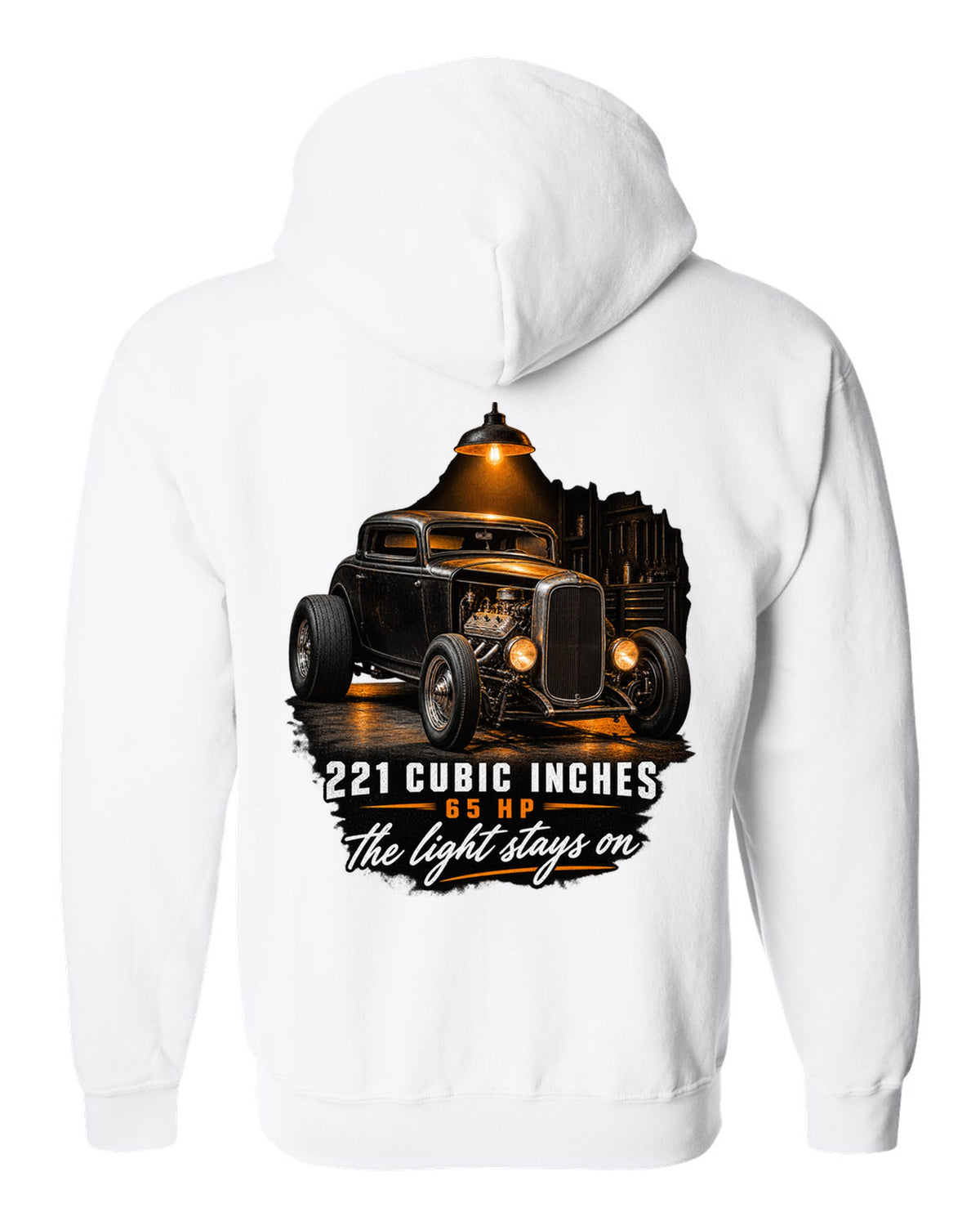 Garage night print of a 1932 Ford Deuce three-window coupe with flathead V8 specs white zip hoodie back view with the design