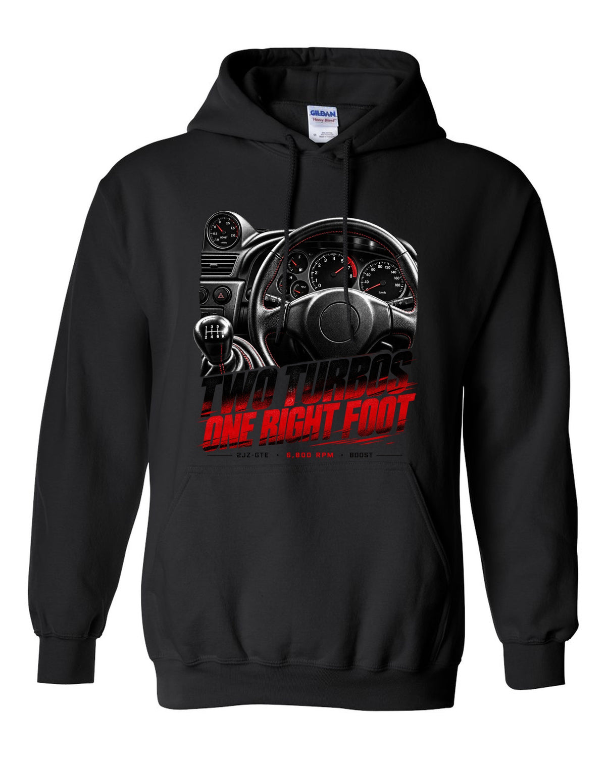 Cockpit and gauge print of a Toyota Supra A80 JZA80 with 6,800 redline black pull over hoodie front view with the design