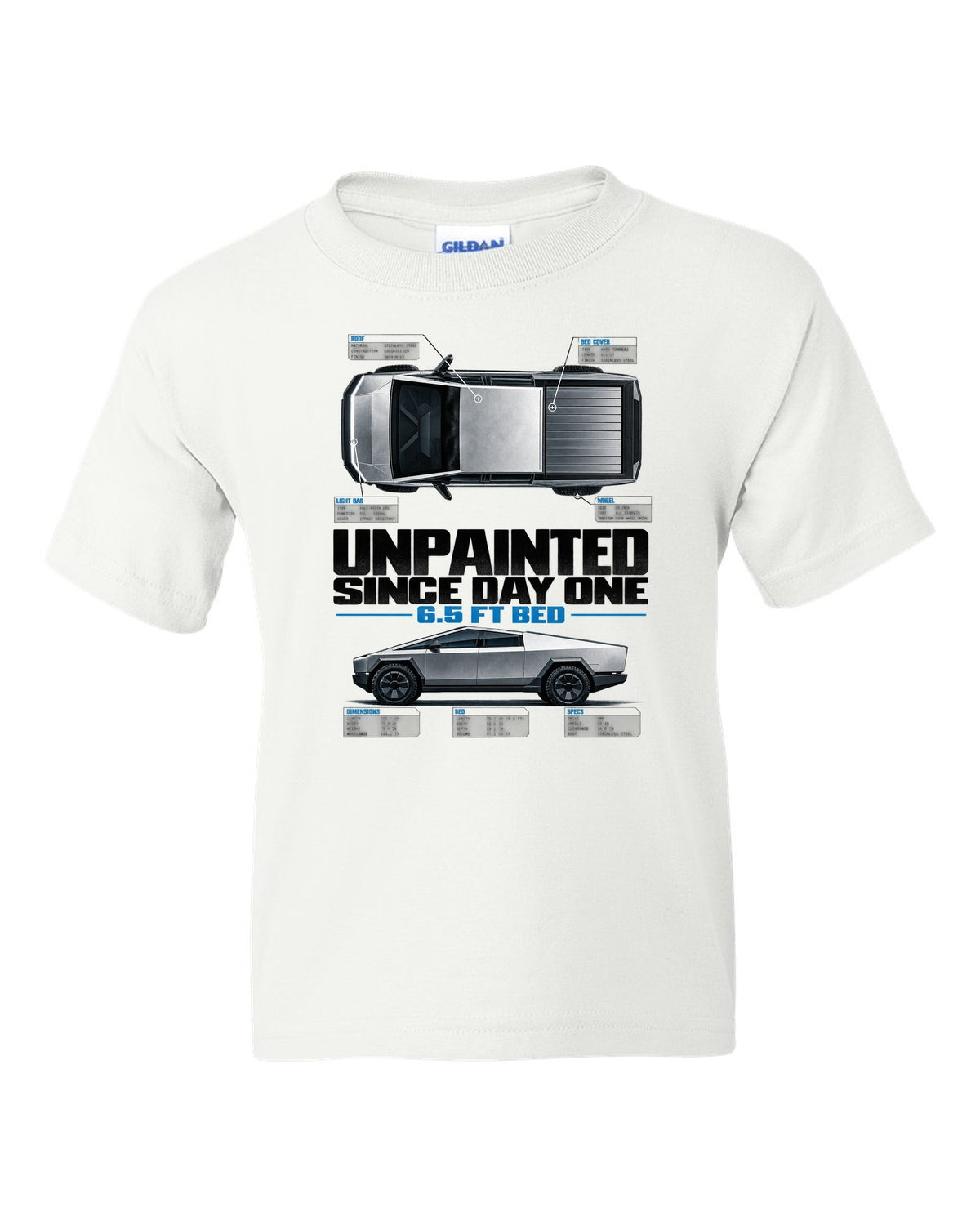 Tesla Cybertruck top-down and profile spec poster with unpainted since day one text white kids tee front view with the design