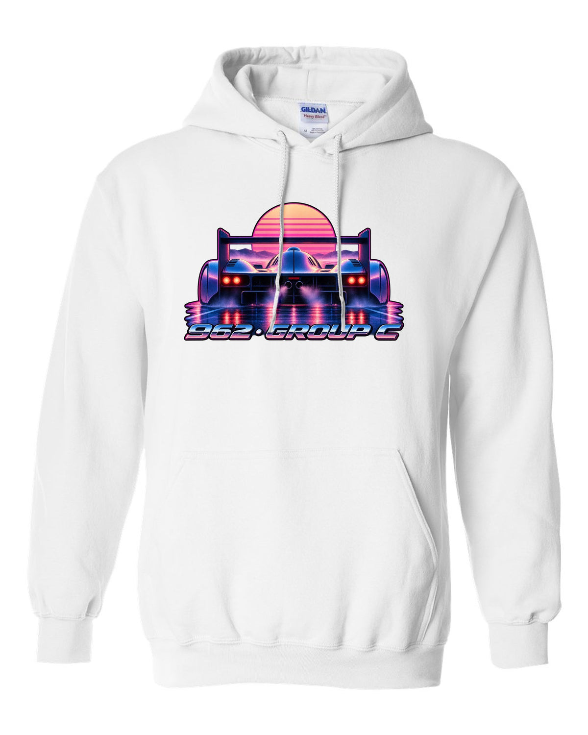 Synthwave gradient print of a Porsche 962 Group C long tail in dawn mist white pull over hoodie front view with the design