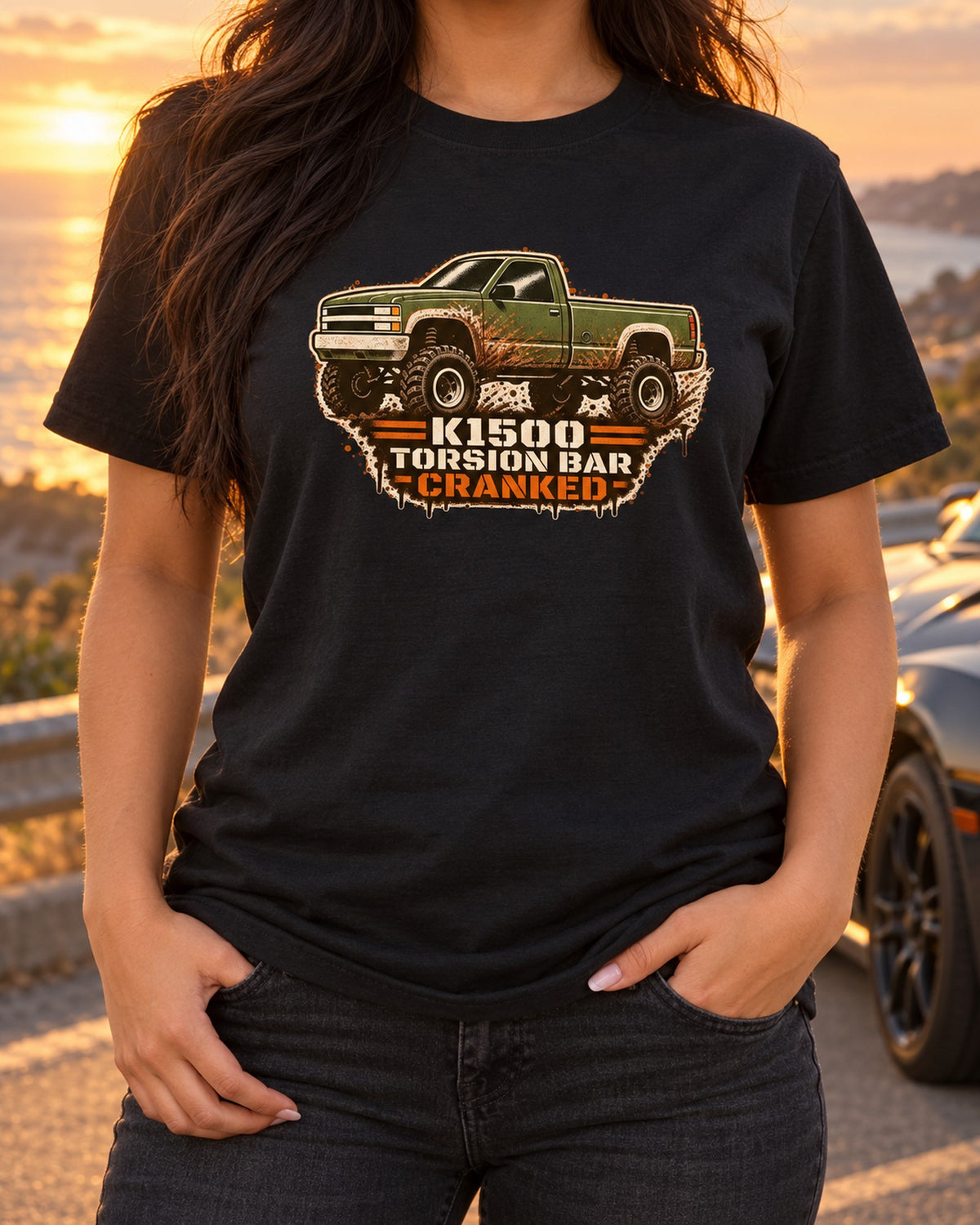 Chevy GMT400 K1500 Z71 OBS Mud Stencil Shirt, Cranked Torsion Bar T-Shirt Black worn hero