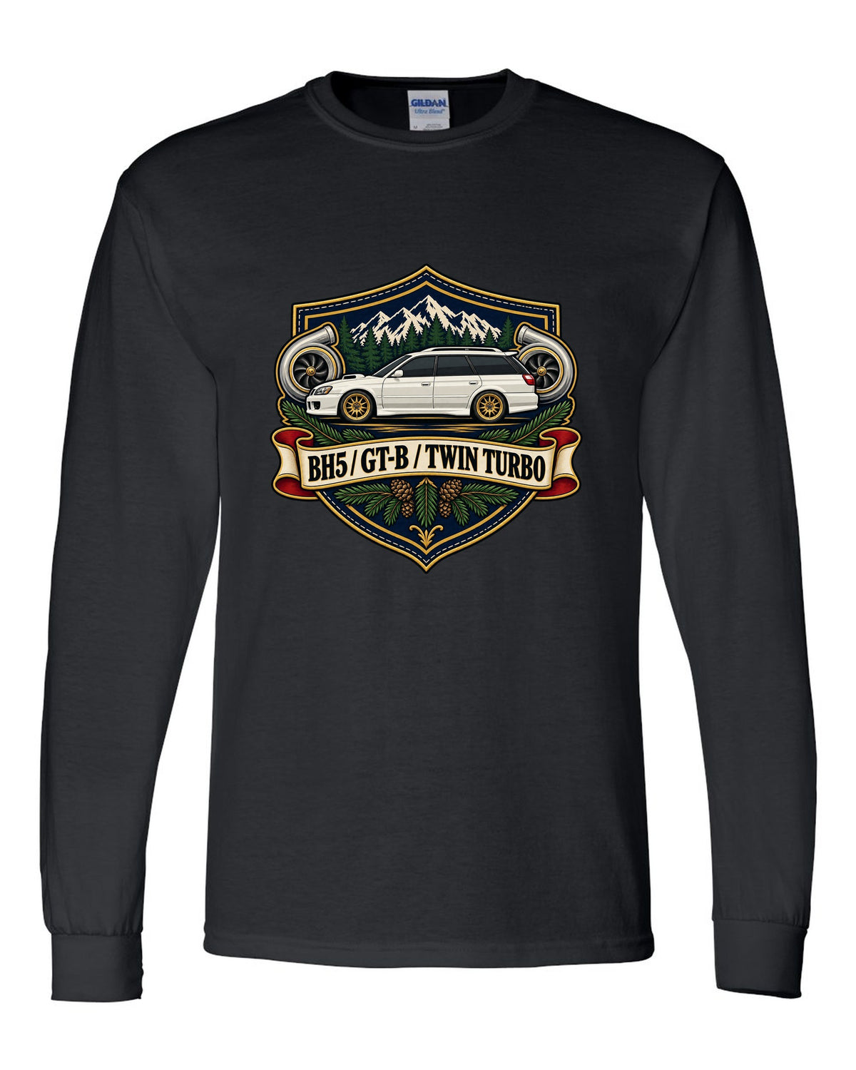 Subaru Legacy BH5 GT-B wagon shield crest print, BH5 / GT-B / TWIN TURBO black long sleeve front view with the design