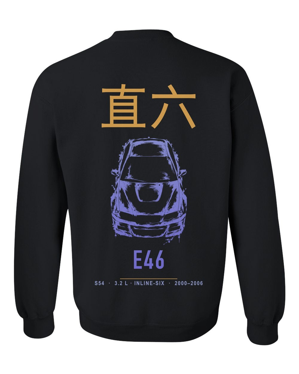 E46 full-back artwork black crewneck back view with the design