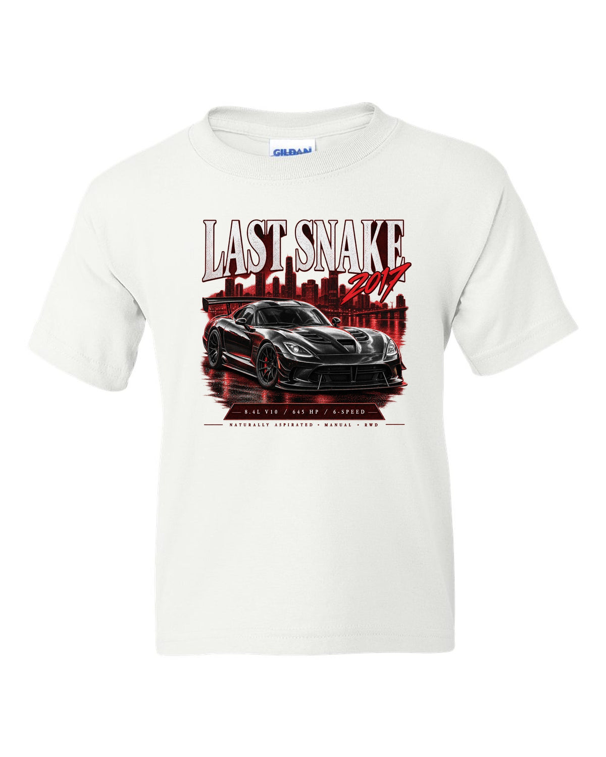 Archive panel print of the 2017 Dodge Viper VX I ACR with 8.4L V10 and 645 HP specs white kids tee front view with the design