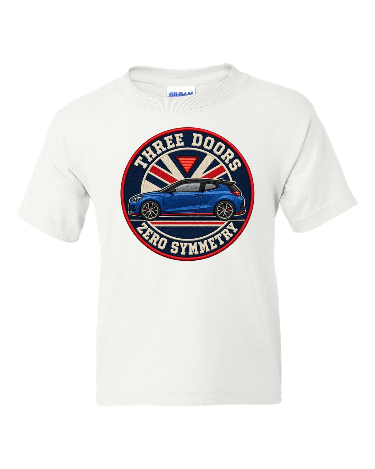 Embroidery varsity crest print for a Hyundai Veloster N JS with three doors zero symmetry text white kids tee front view with the design