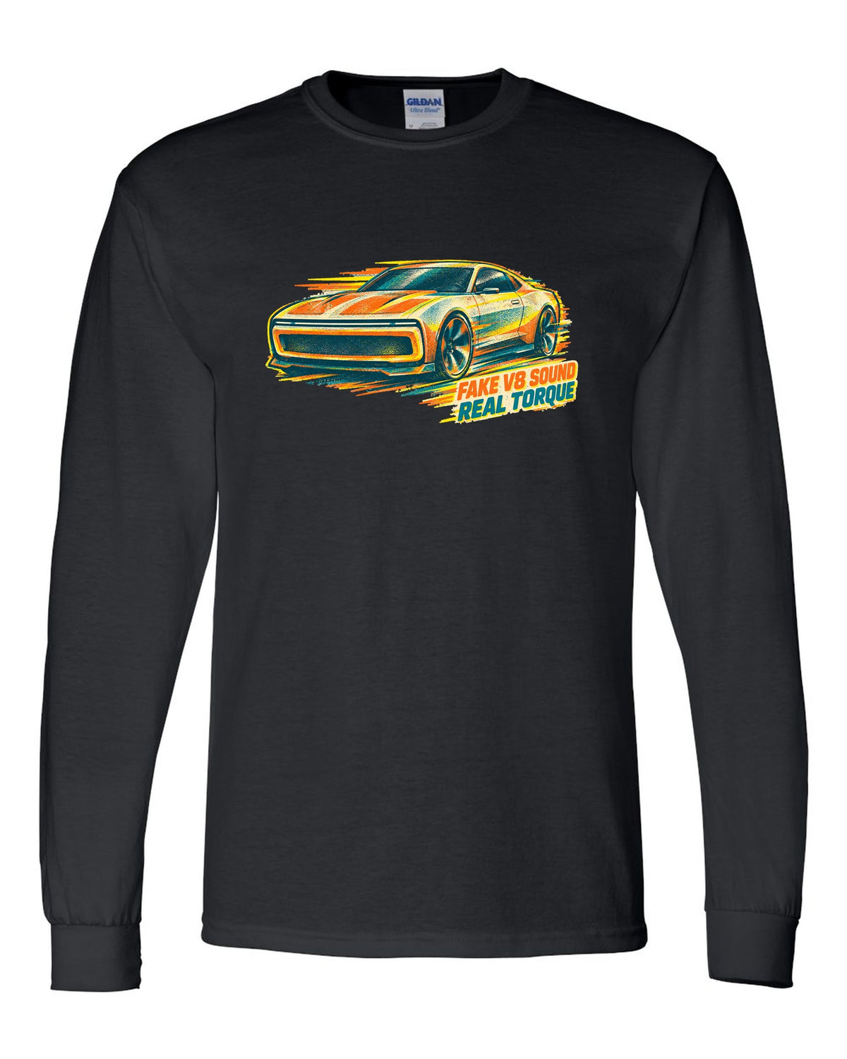 Risograph duotone illustration of a 2024 Dodge Charger Daytona EV black long sleeve front view with the design