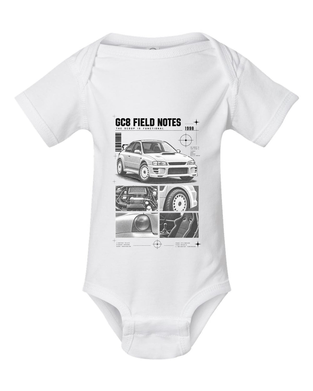 Subaru Impreza WRX GC8 coupe 1998 field notes dossier panels white baby onesie front view with the design