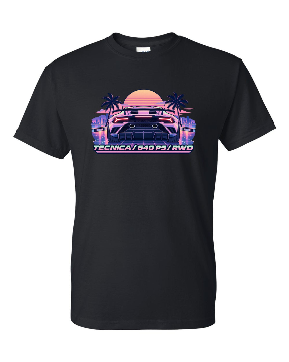 Vaporwave pastel taillight grid of a Lamborghini Huracan Tecnica LP640-2 with text TECNICA / 640 PS / RWD black t-shirt front view with the design