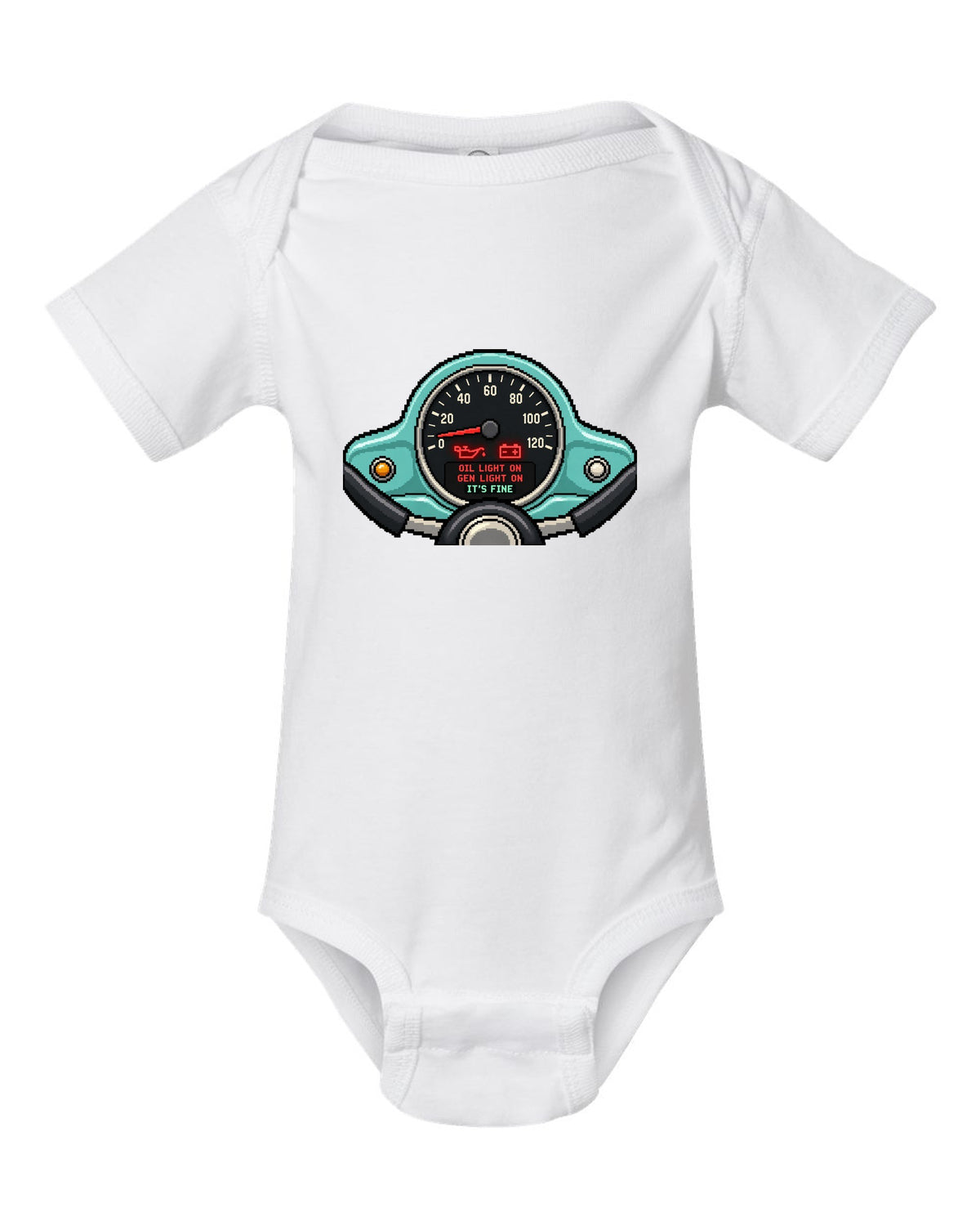 Pixel LED segmented display print of a VW Beetle Type 1 dashboard with warning light lettering white baby onesie front view with the design