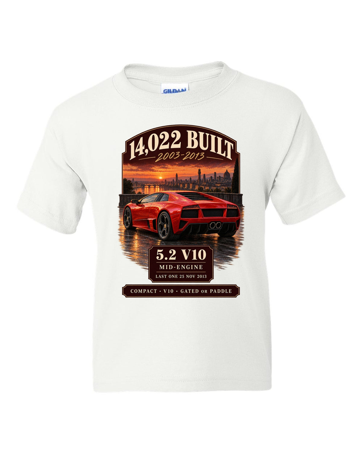 Archive panel print of a Lamborghini Gallardo LP570-4 with 14,022 built and 5.2 V10 text white kids tee front view with the design