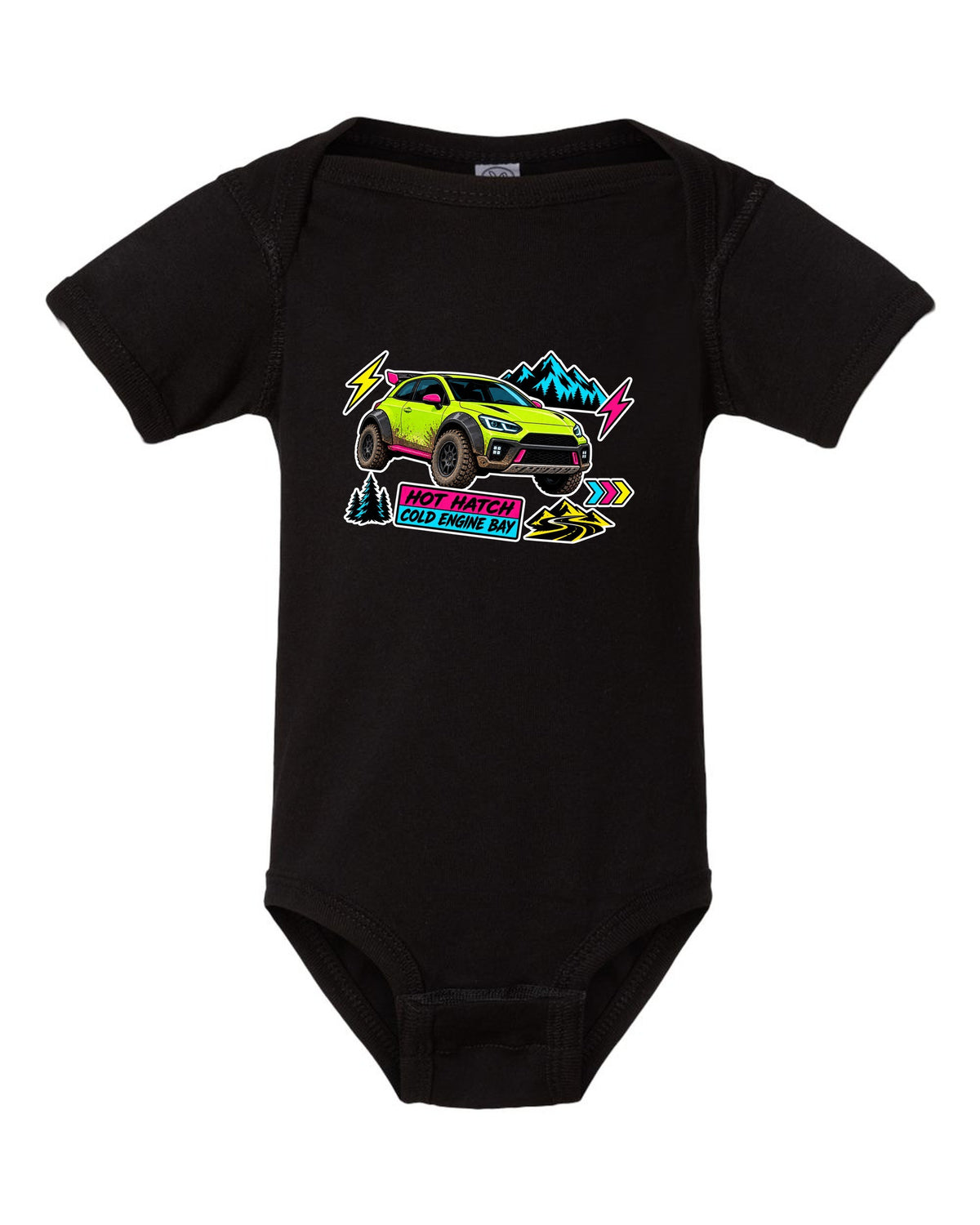 Rivian R3X die-cut slap sticker collage print with the text hot ch cold engine bay black baby onesie front view with the design