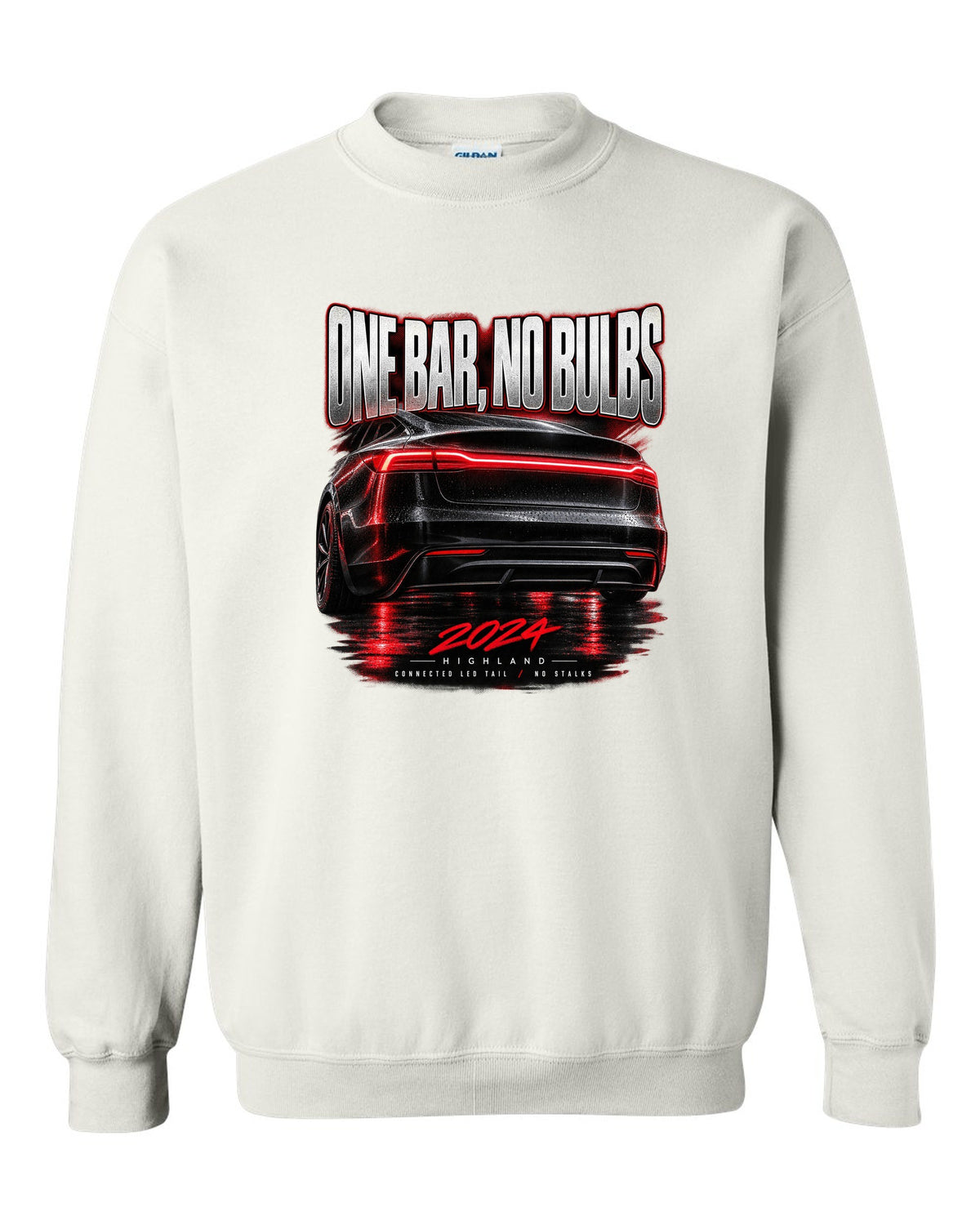 Taillight macro print of a 2024 Tesla Model 3 Highland connected LED tail white crewneck front view with the design