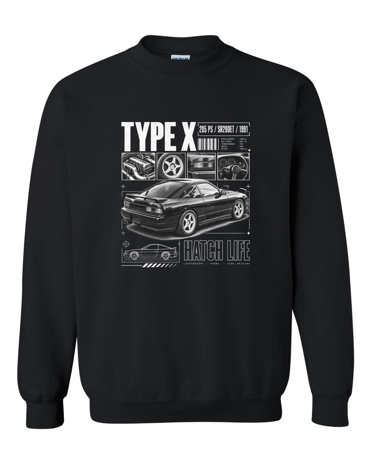 Dossier panels of a Nissan 180SX Type X with 205 PS, SR20DET and 1991 lettering black crewneck front view with the design