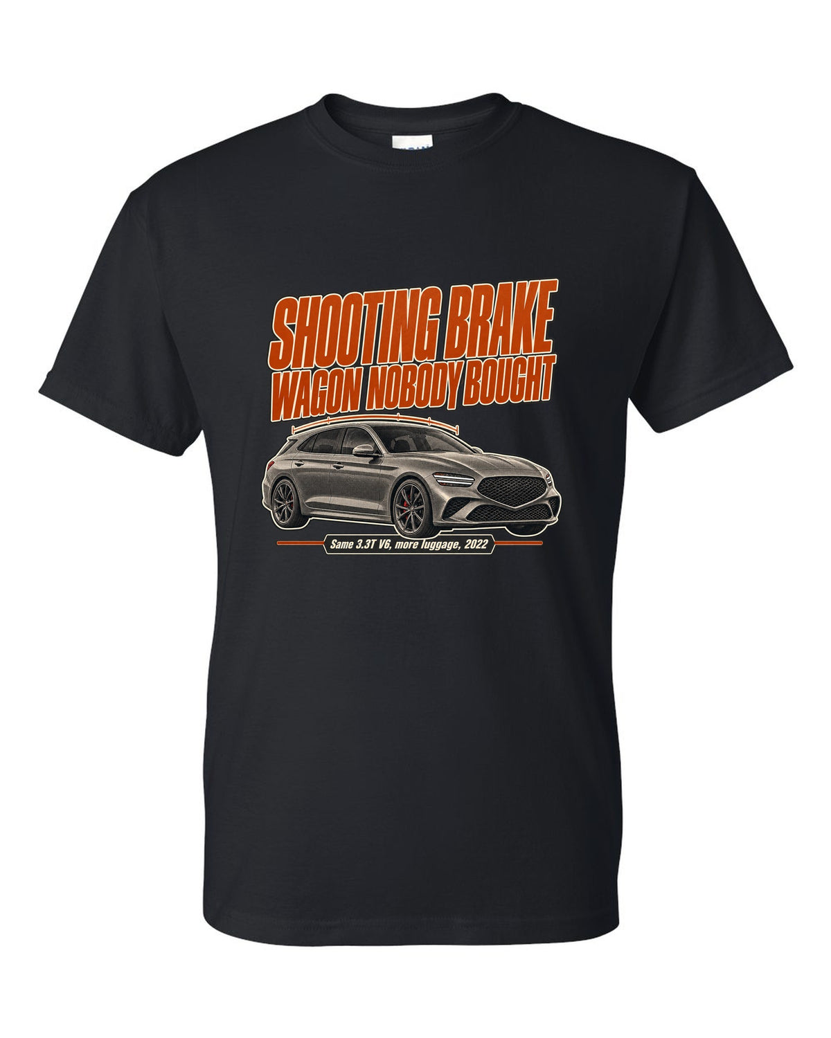Editorial headline print for the Genesis G70 Shooting Brake reading wagon nobody bought black t-shirt front view with the design