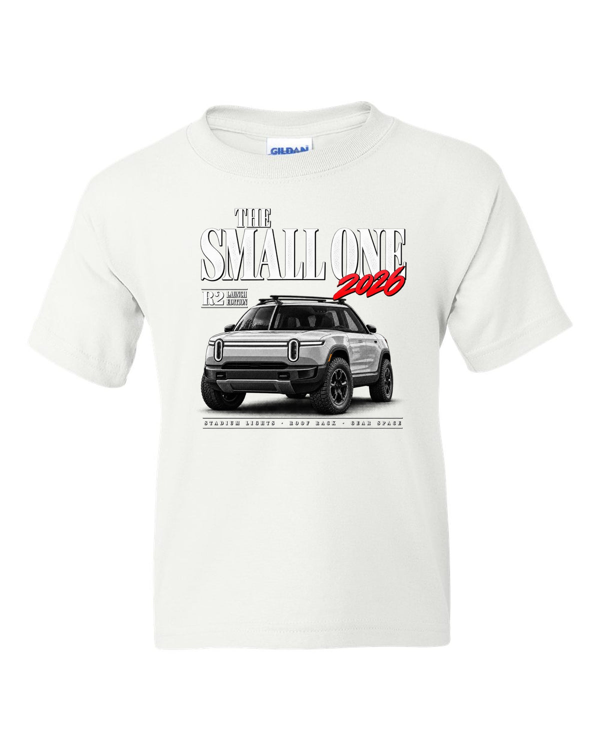 Rivian R2 2026 launch edition editorial headline reading The Small One white kids tee front view with the design