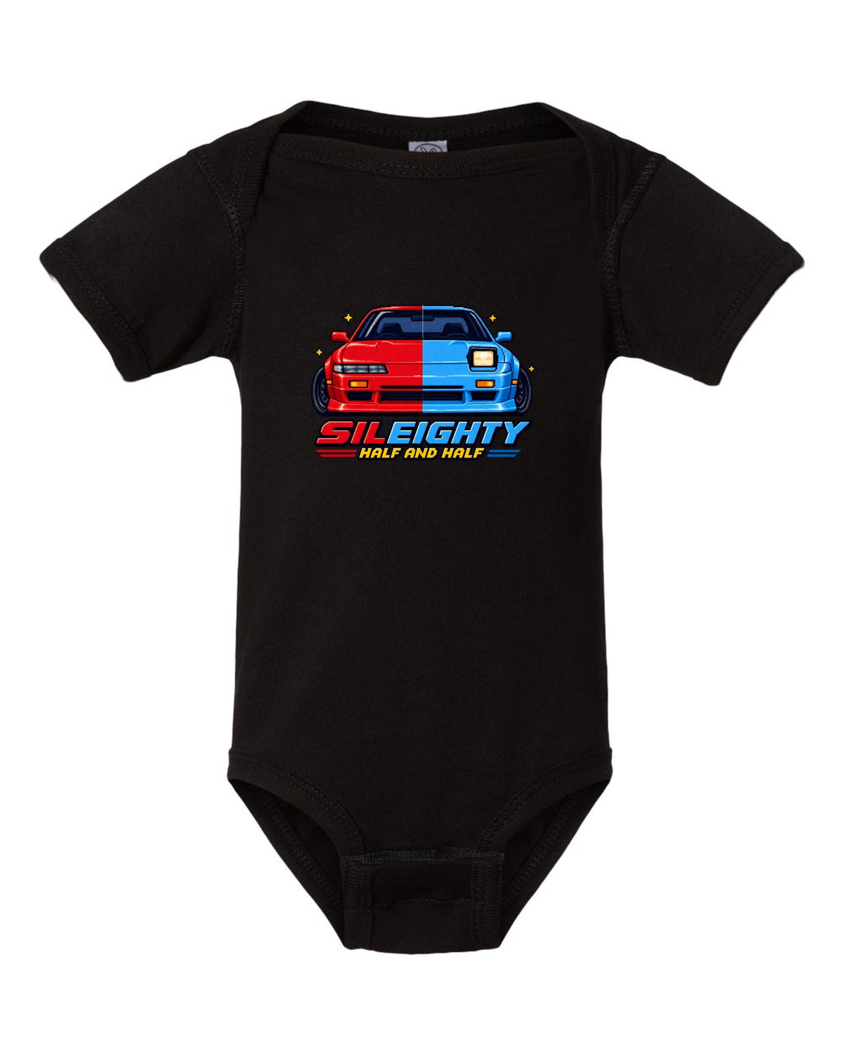 16-bit pixel art print of a Nissan Sileighty 180SX and Silvia S13 hybrid with Half and Half lettering black baby onesie front view with the design
