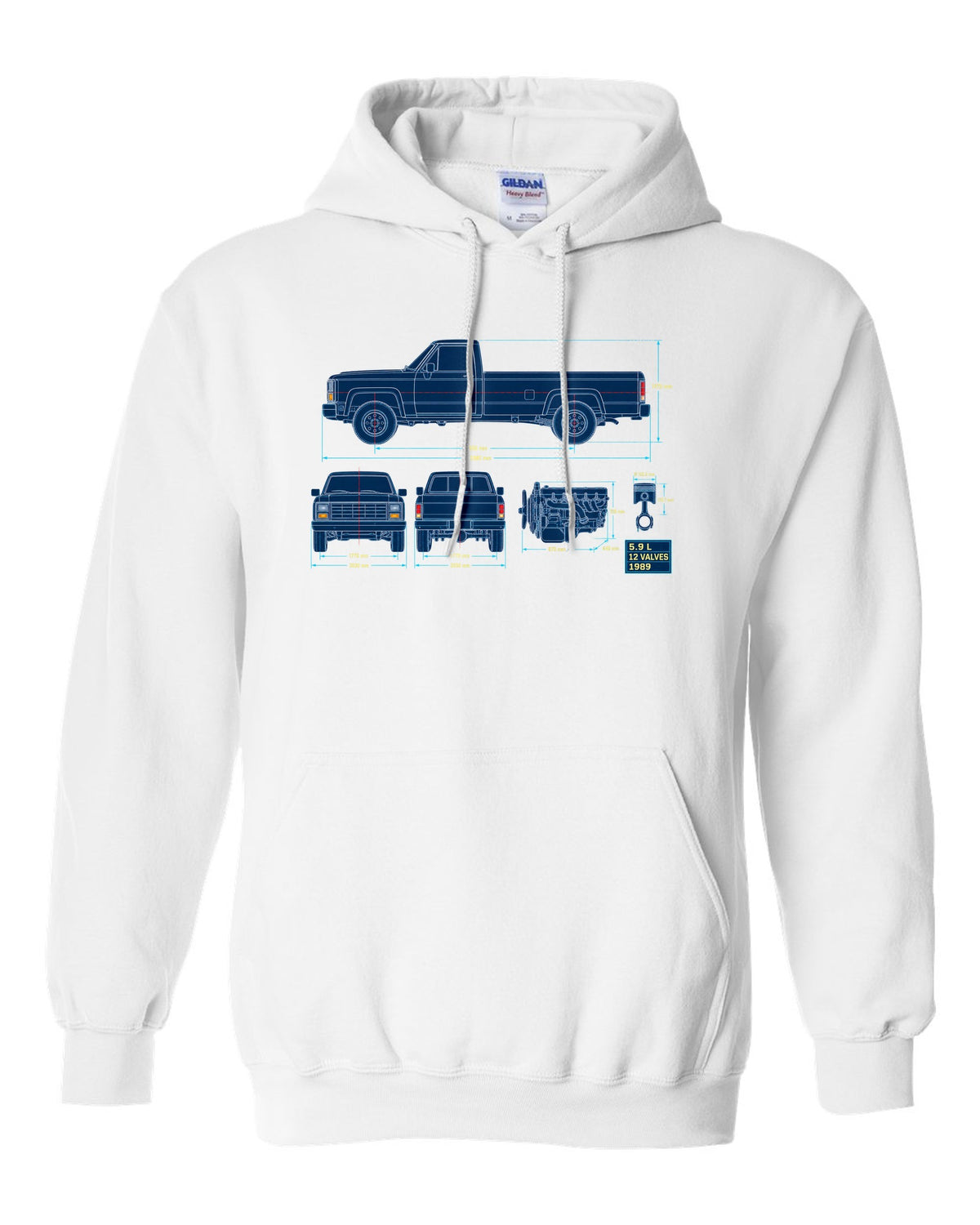 Blueprint line art print of a 1989-1993 Dodge Ram D250 Cummins with 5.9 L and 12 valves white pull over hoodie front view with the design