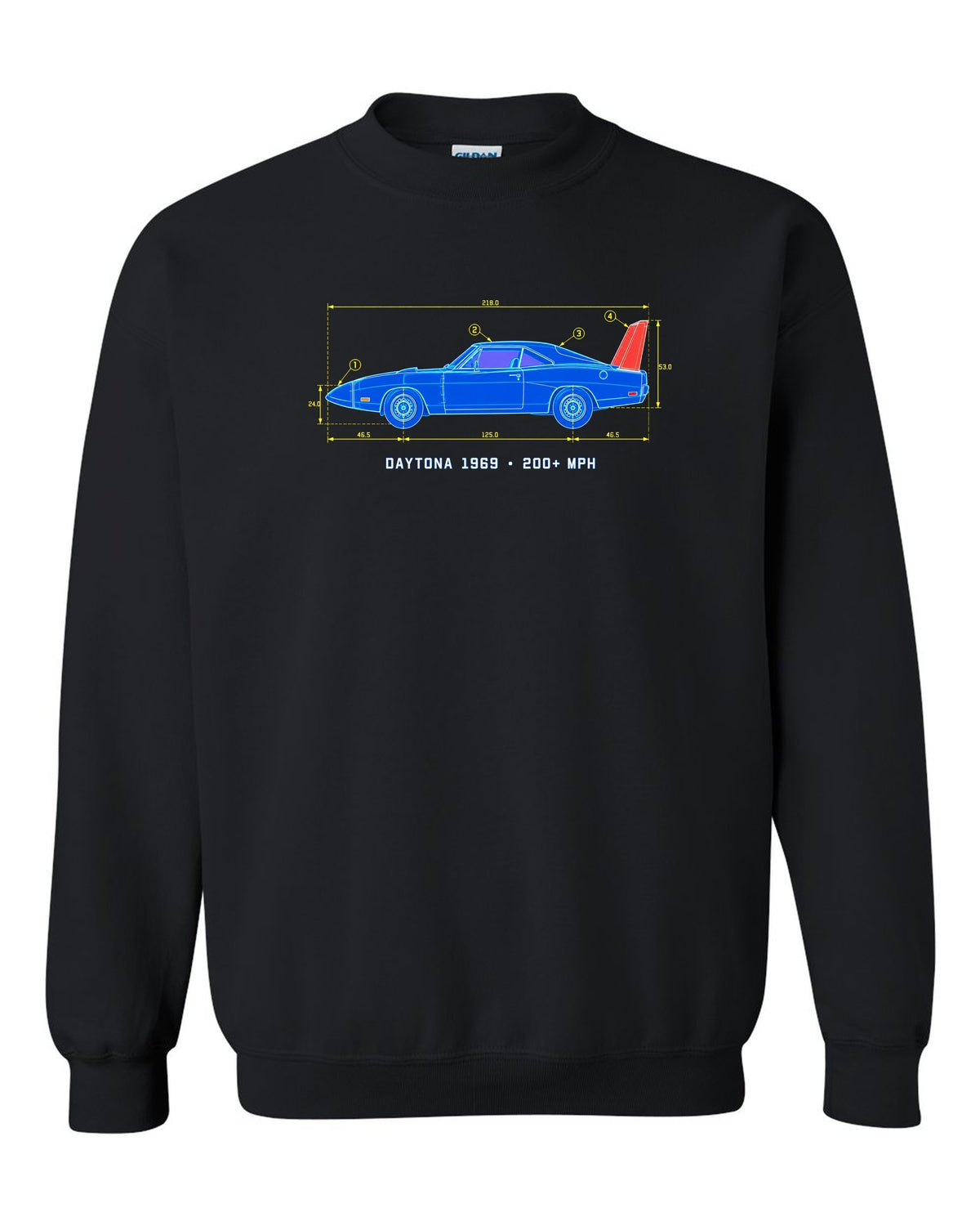 1969 Dodge Charger Daytona blueprint patent sheet print with 200+ MPH text black crewneck front view with the design