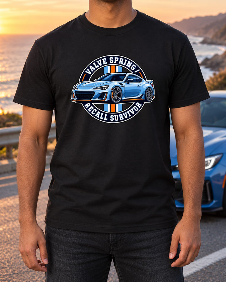 BRZ ZC6 Round Varsity Crest Tee, Valve Spring Recall T-Shirt Black worn hero