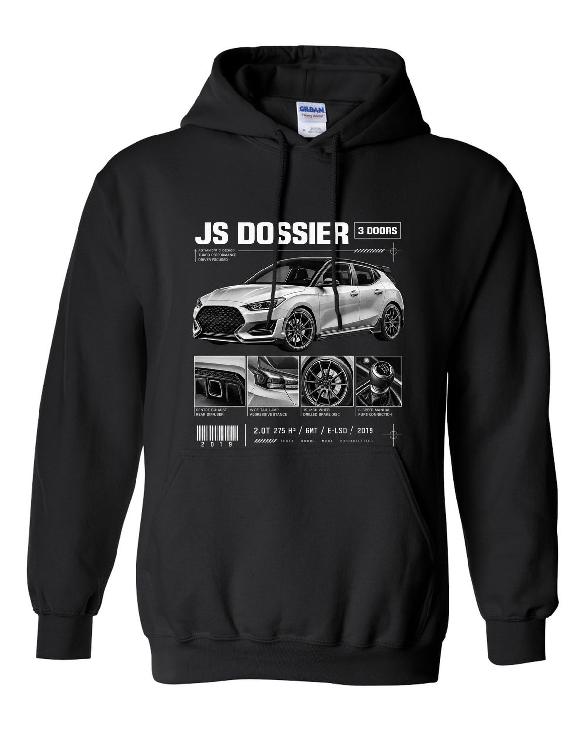 Hyundai Veloster N JS dossier panels with three doors and drivetrain specs black pull over hoodie front view with the design
