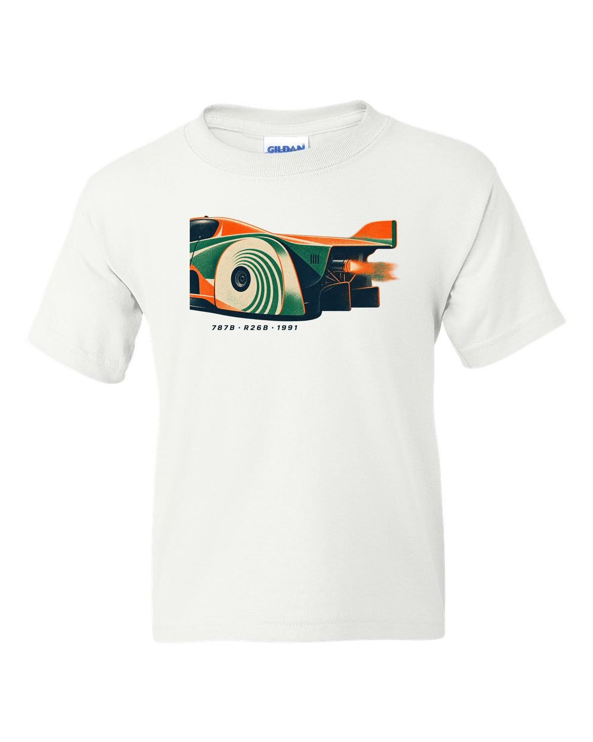 Risograph print of a Mazda 787B wheel and exhaust with R26B and 1991 text white kids tee front view with the design