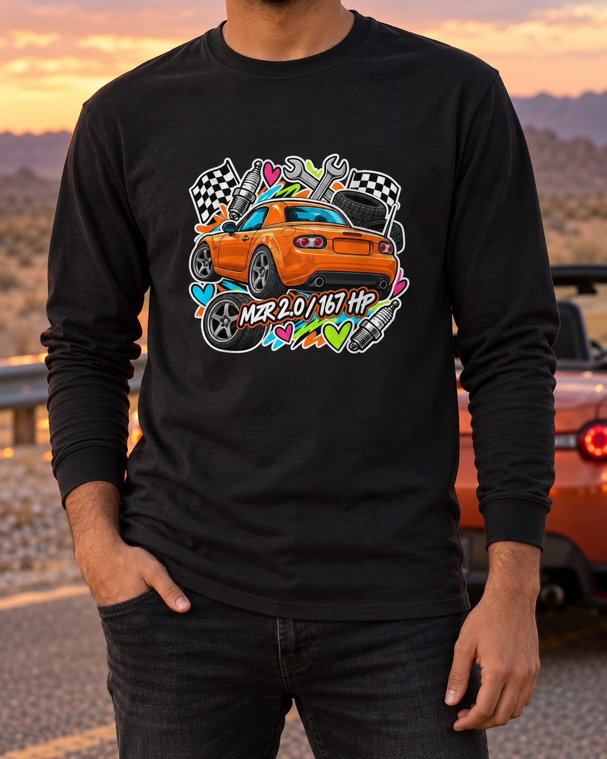 Mazda MX-5 NA6CE Cyanotype Blueprint Shirt, Eunos Roadster Long Sleeve Black worn hero
