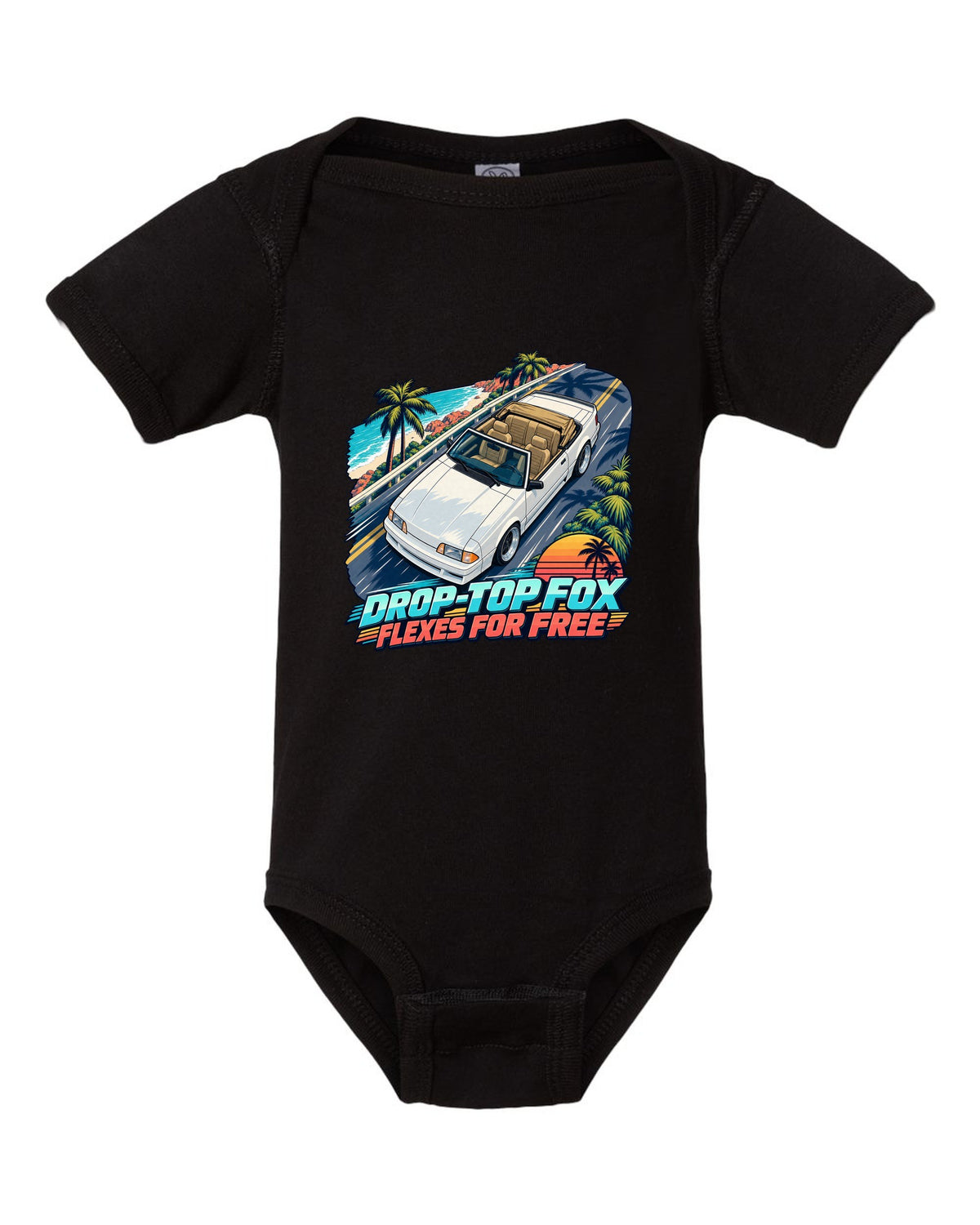 Cel-shaded anime print of a Ford Mustang Fox Body convertible seen from above black baby onesie front view with the design