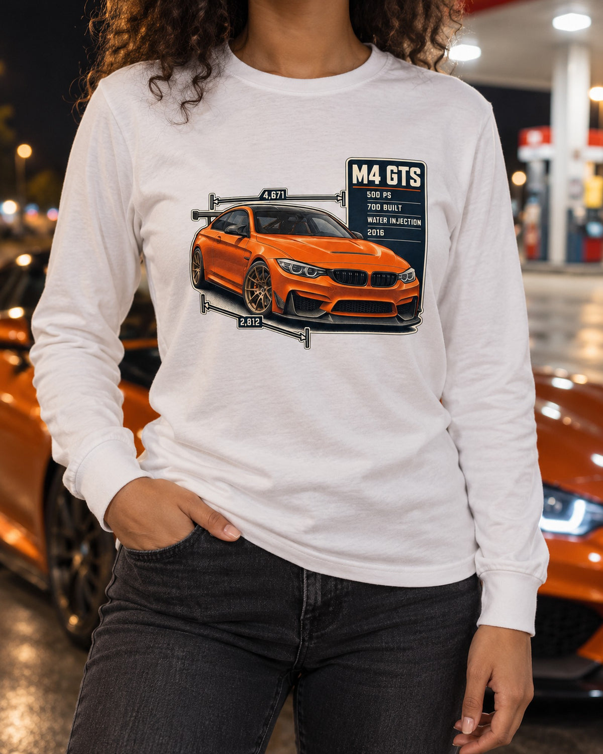 BMW M4 GTS F82 Spec Poster Shirt, 700 Built Long Sleeve White worn hero