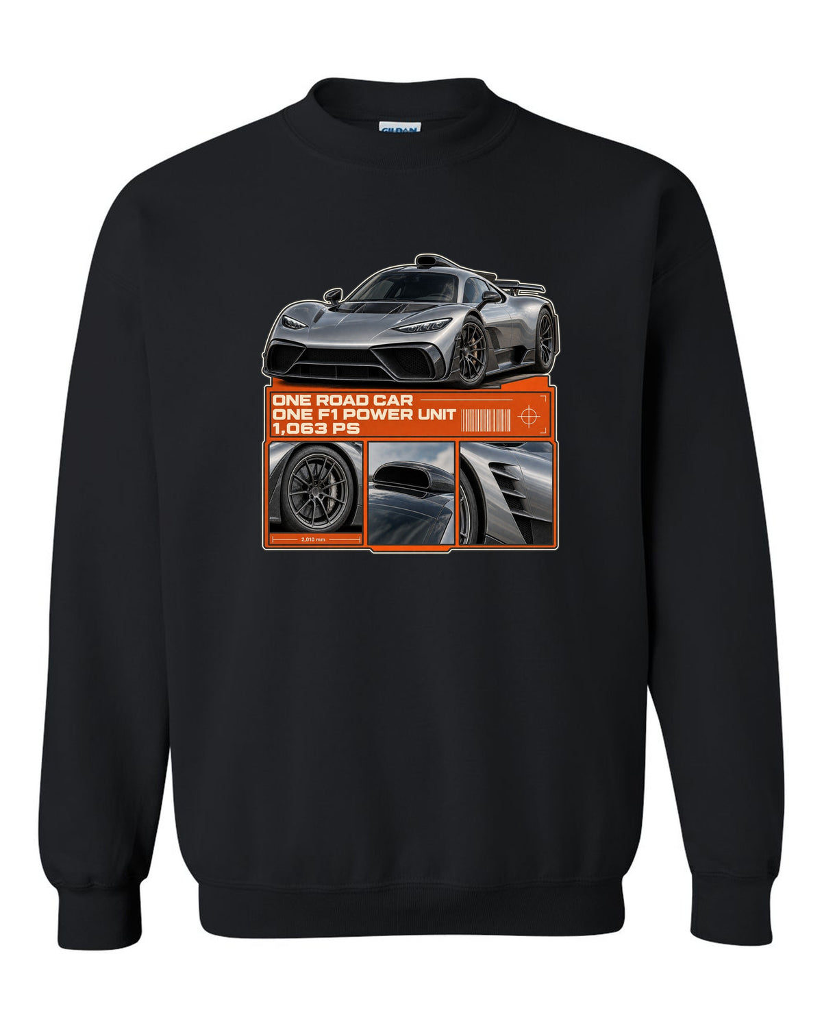 Mercedes-AMG One dossier panel design with three detail views black crewneck front view with the design