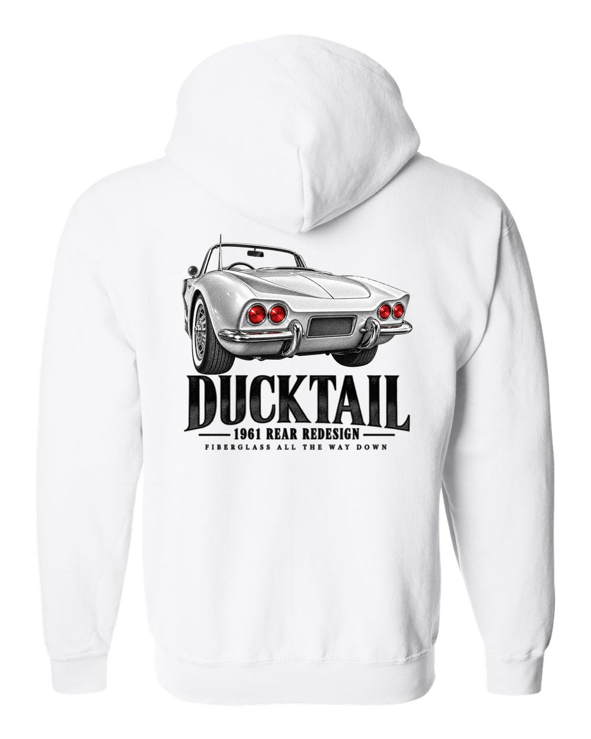 Chevrolet Corvette C1 1961 rear ducktail detail print white zip hoodie back view with the design