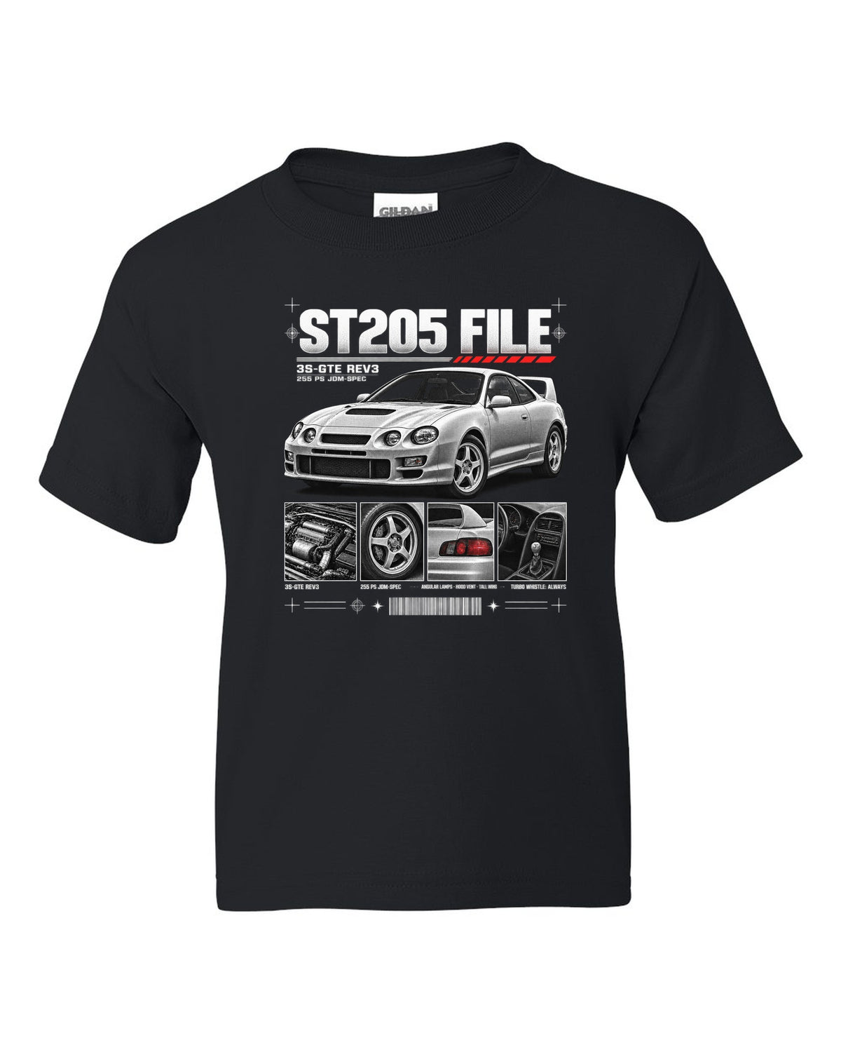 Dossier panel print of a Toyota Celica GT-Four ST205 with 3S-GTE Rev3 and 255 PS text black kids tee front view with the design