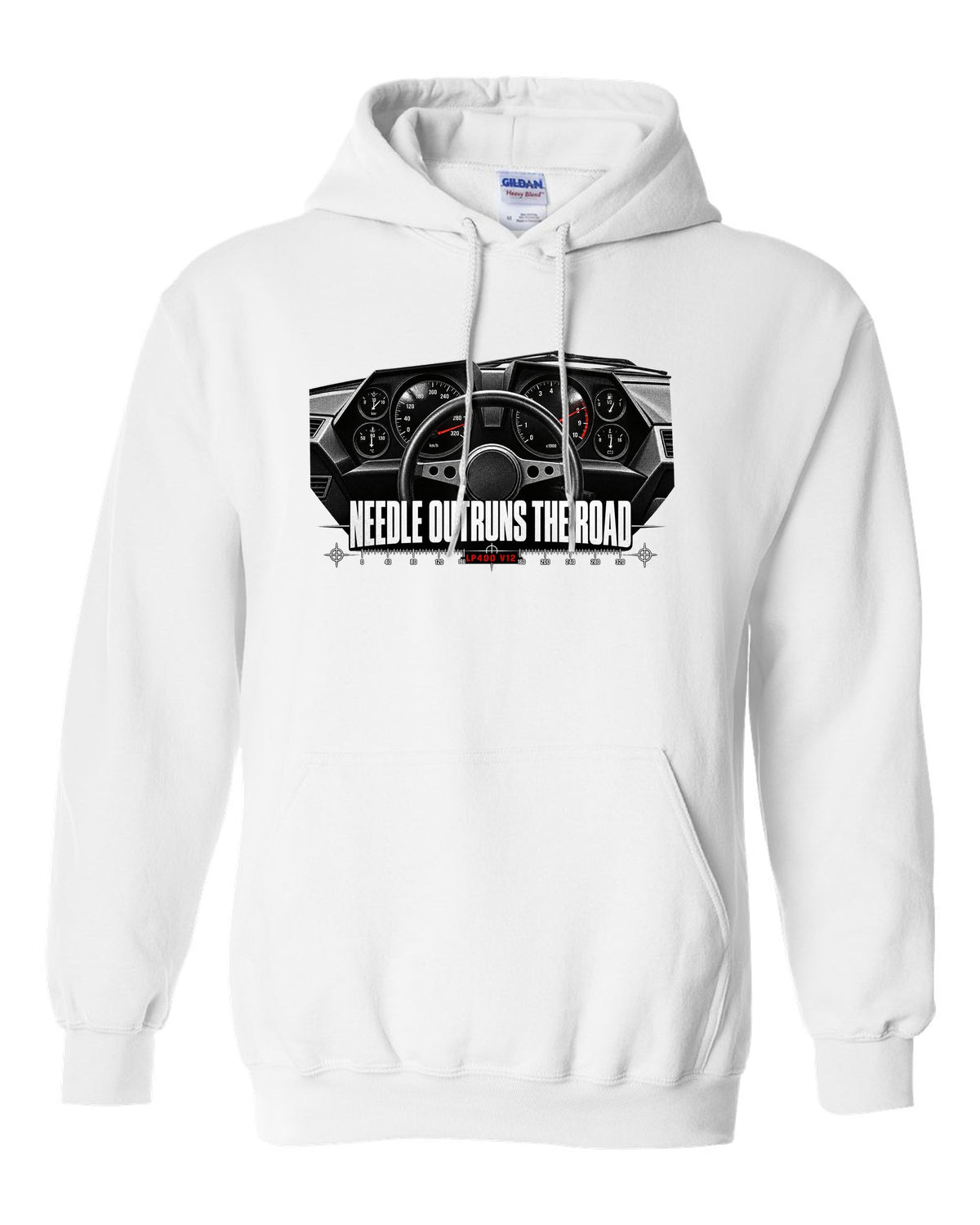 Cockpit gauge print of a Lamborghini Countach LP400 interior with needle outruns the road text white pull over hoodie front view with the design