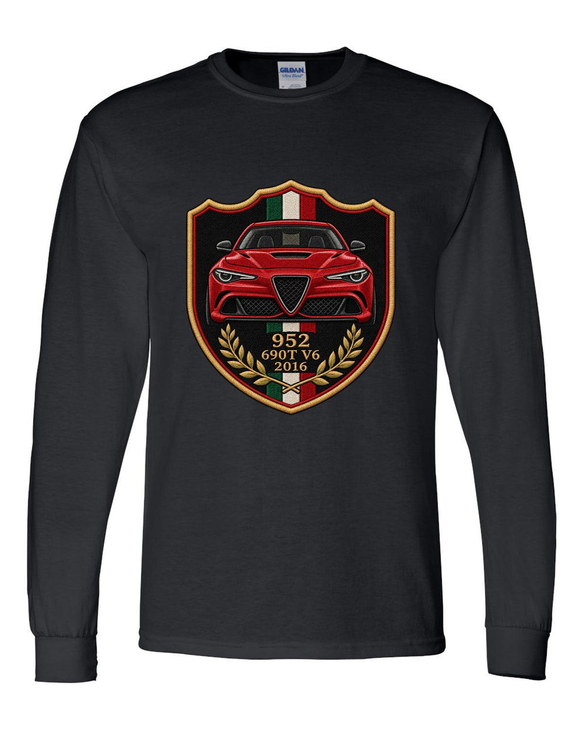Embroidery style varsity crest for an Alfa Romeo Giulia Quadrifoglio 952 with 690T V6 and 2016 black long sleeve front view with the design