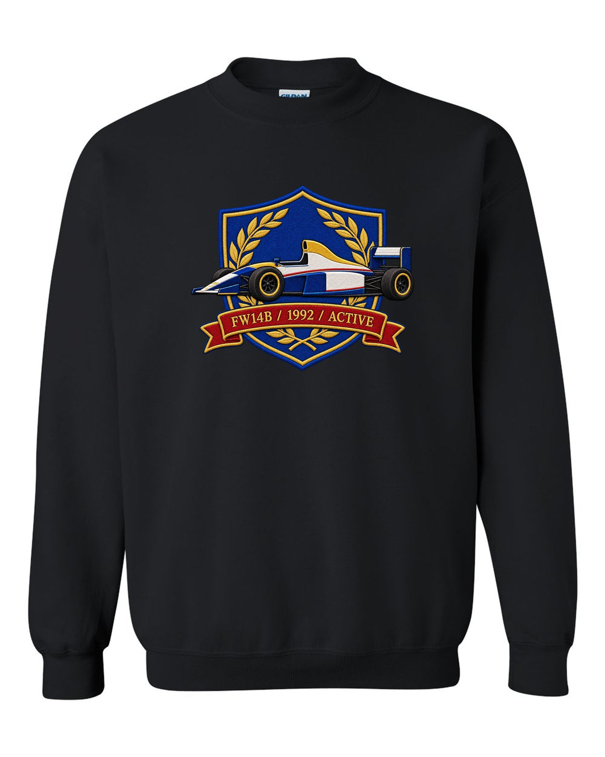Varsity crest style Williams FW14B Formula 1 car with 1992 ACTIVE lettering black crewneck front view with the design