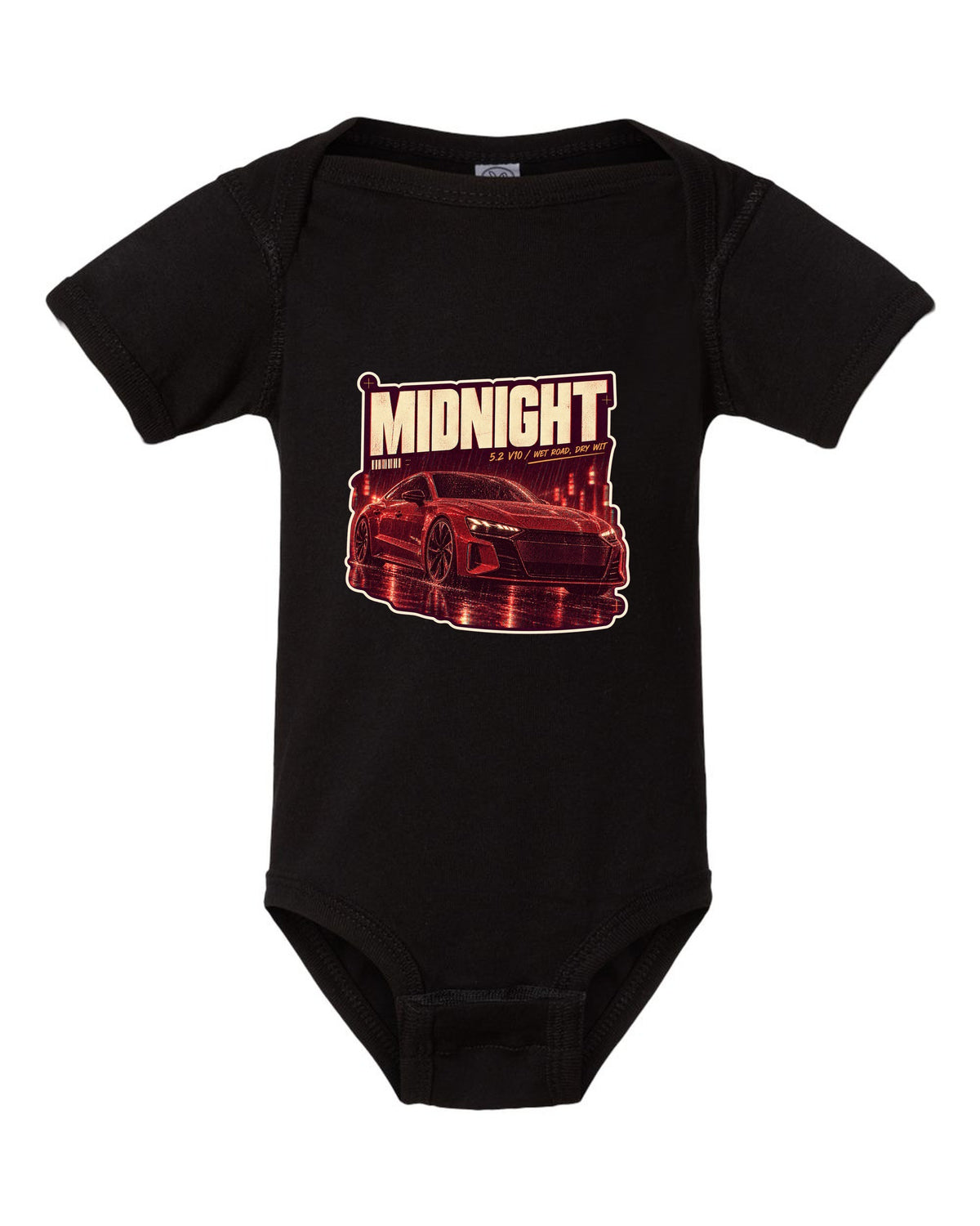Audi R8 V10 performance on a wet night street print design black baby onesie front view with the design