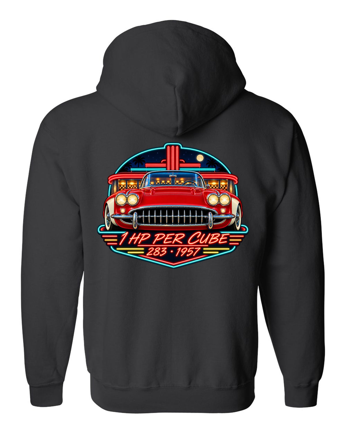 Vintage neon diner sign print of a 1957 Chevrolet Corvette C1 with 1 HP Per Cube 283 lettering black zip hoodie back view with the design
