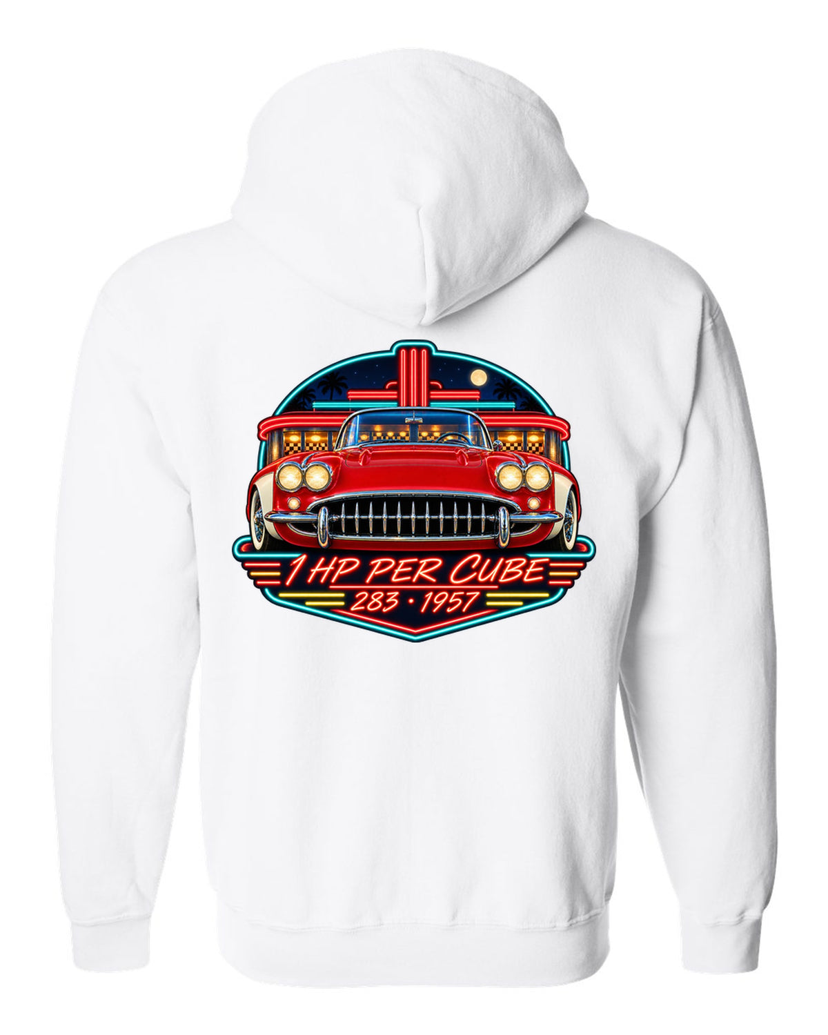 Vintage neon diner sign print of a 1957 Chevrolet Corvette C1 with 1 HP Per Cube 283 lettering white zip hoodie back view with the design