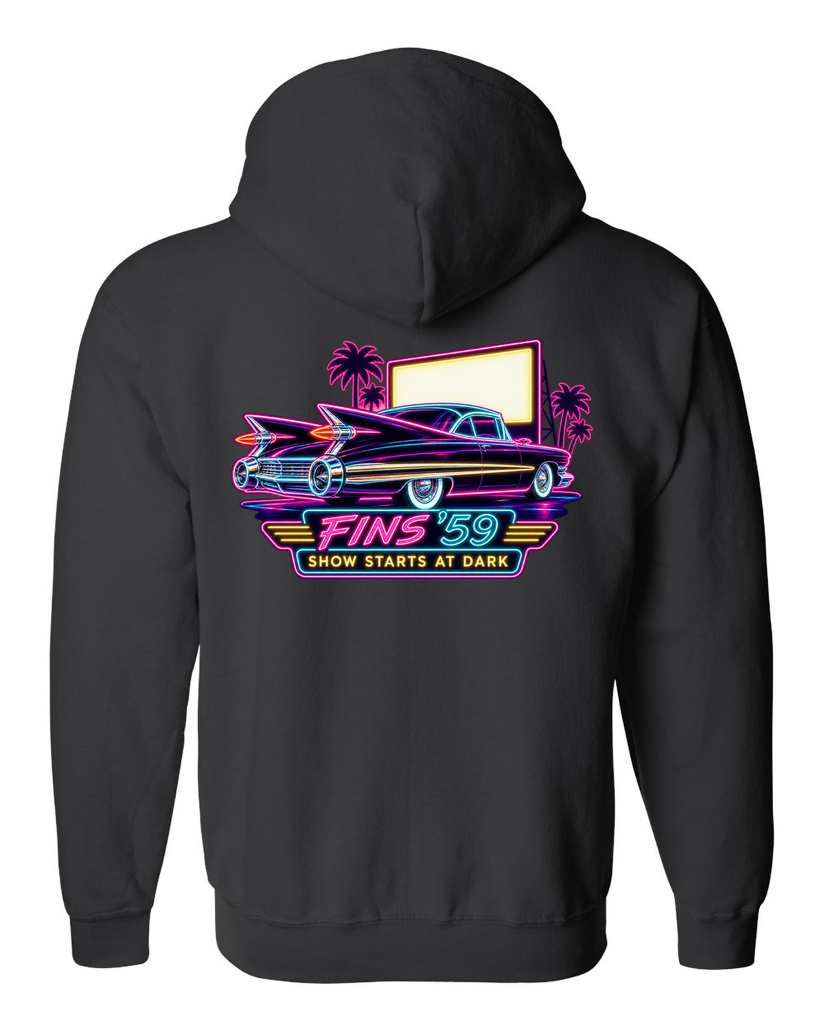 1959 Cadillac Coupe de Ville under neon sign glow at a night drive-in black zip hoodie back view with the design